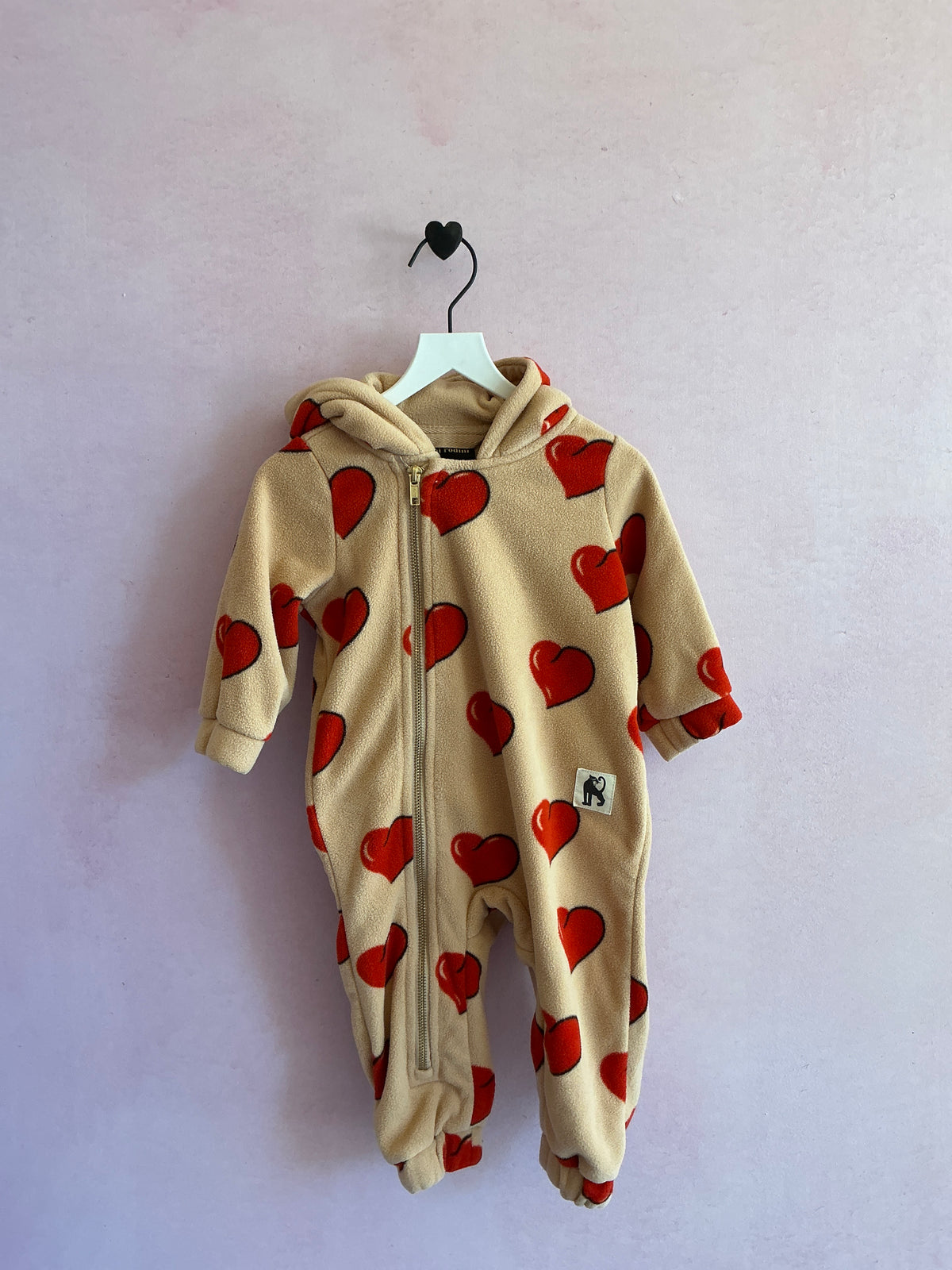 Mini Rodini Hearts Fleece Onesie Jumpsuit - Beige Bunting / 6-9 months