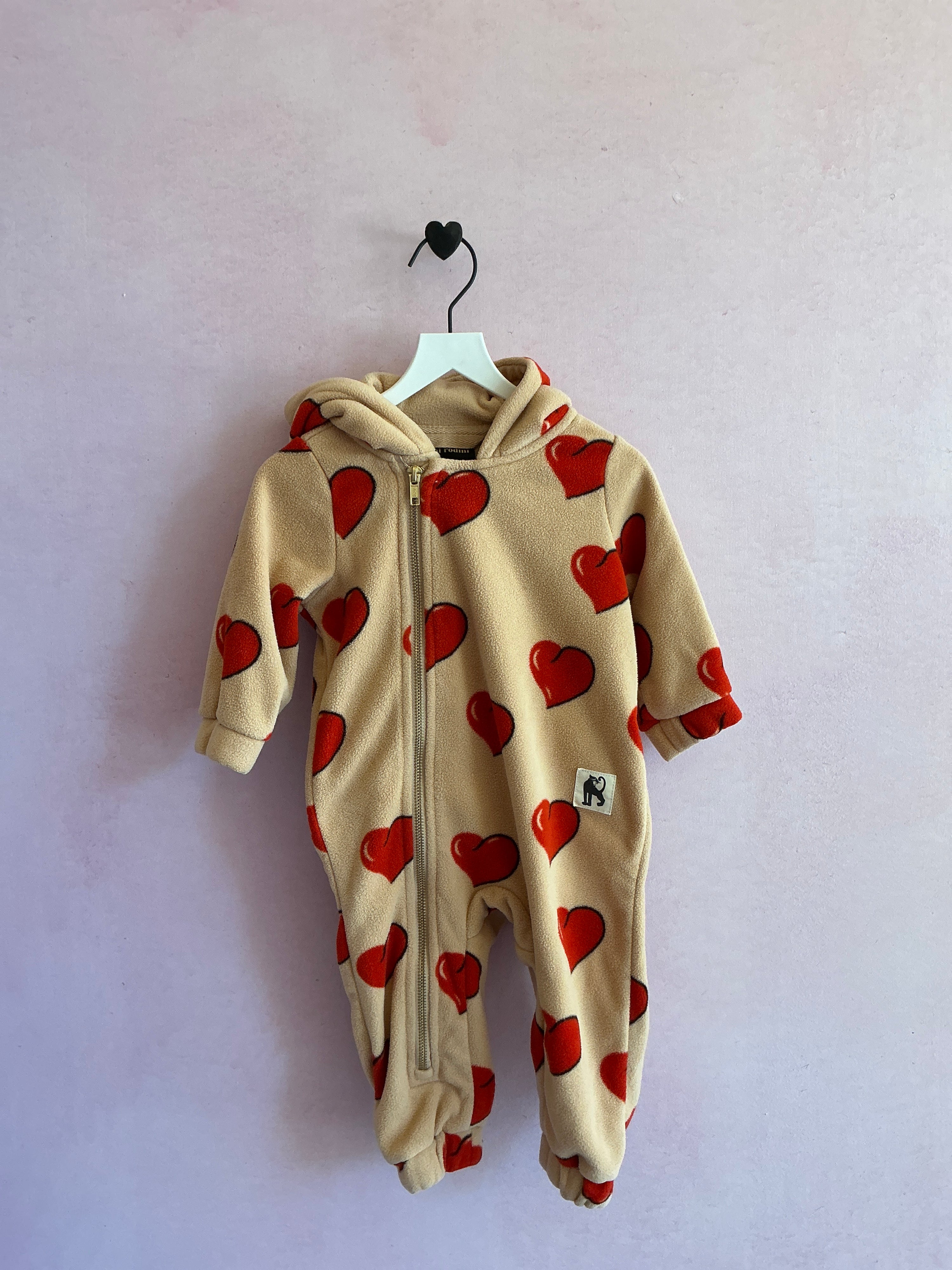 Mini Rodini Hearts Fleece Onesie Jumpsuit - Beige Bunting / 6-9 months
