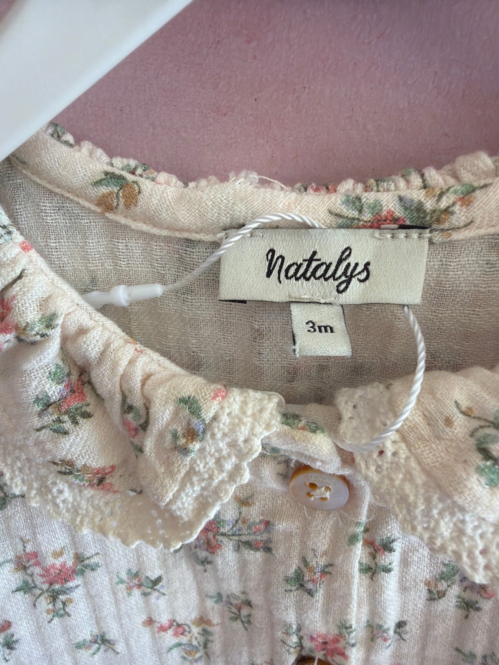 Natalys Cream Muslin Pink Roses Romper / 3m