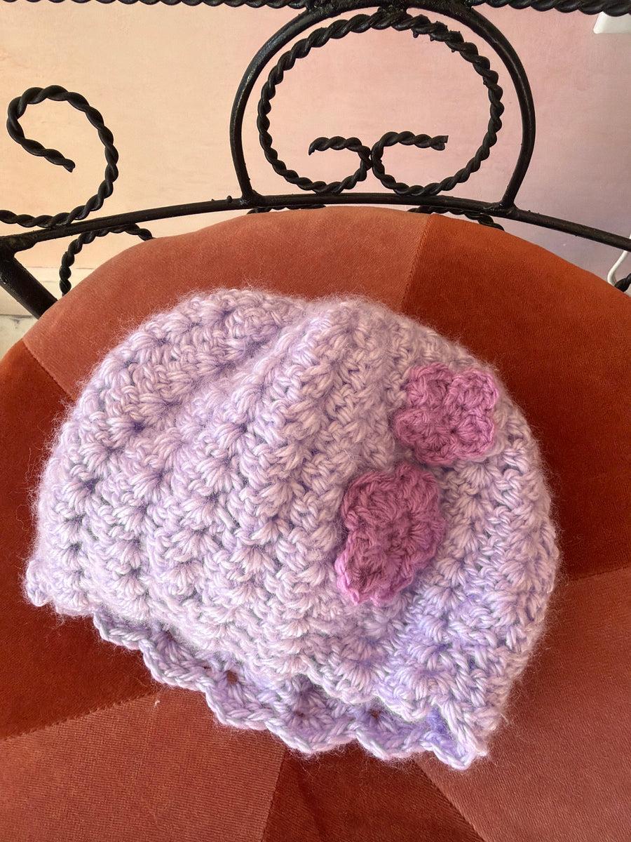 lavender and plum purple floral crochet hat / one size