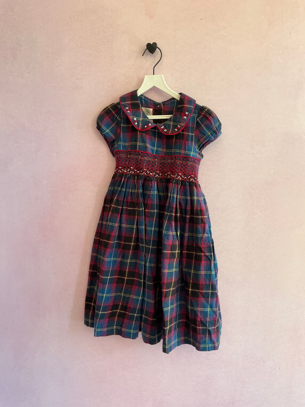 Laura Ashley Navy and Red Tartan Plaid with Rose Applique Hand Smocked Dress / 4