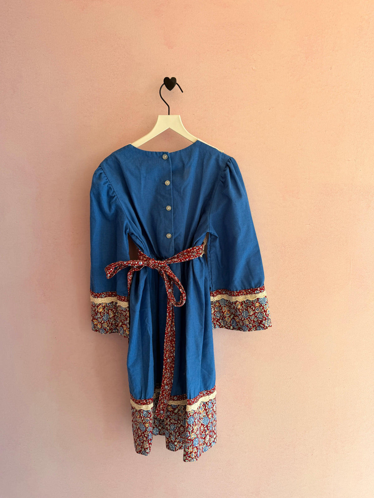 vintage homemade Blue Dress with Crochet and Lace Details and Bell Sleeves / 6