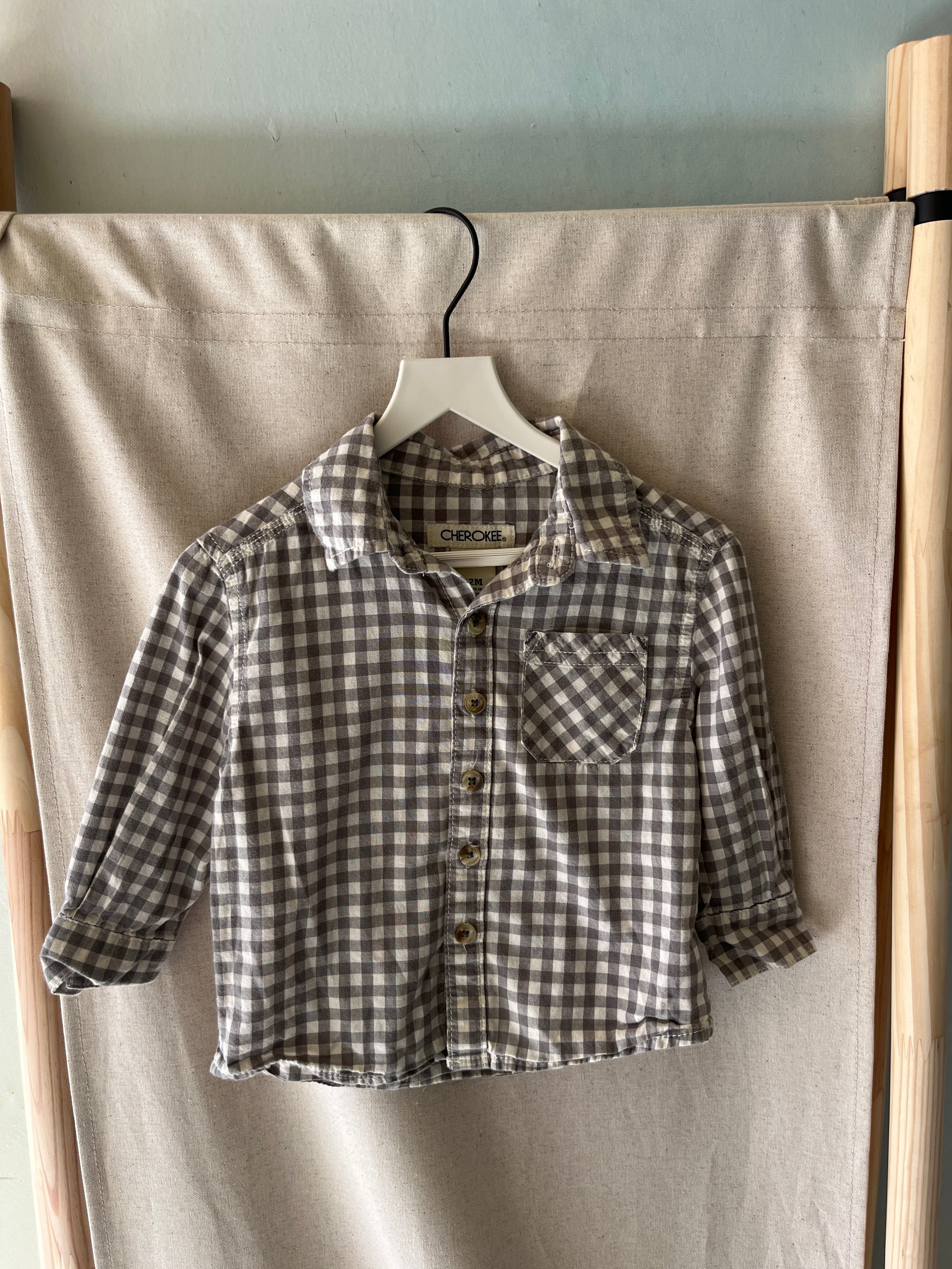 Cherokee Gray White Check Button Down / 12 months