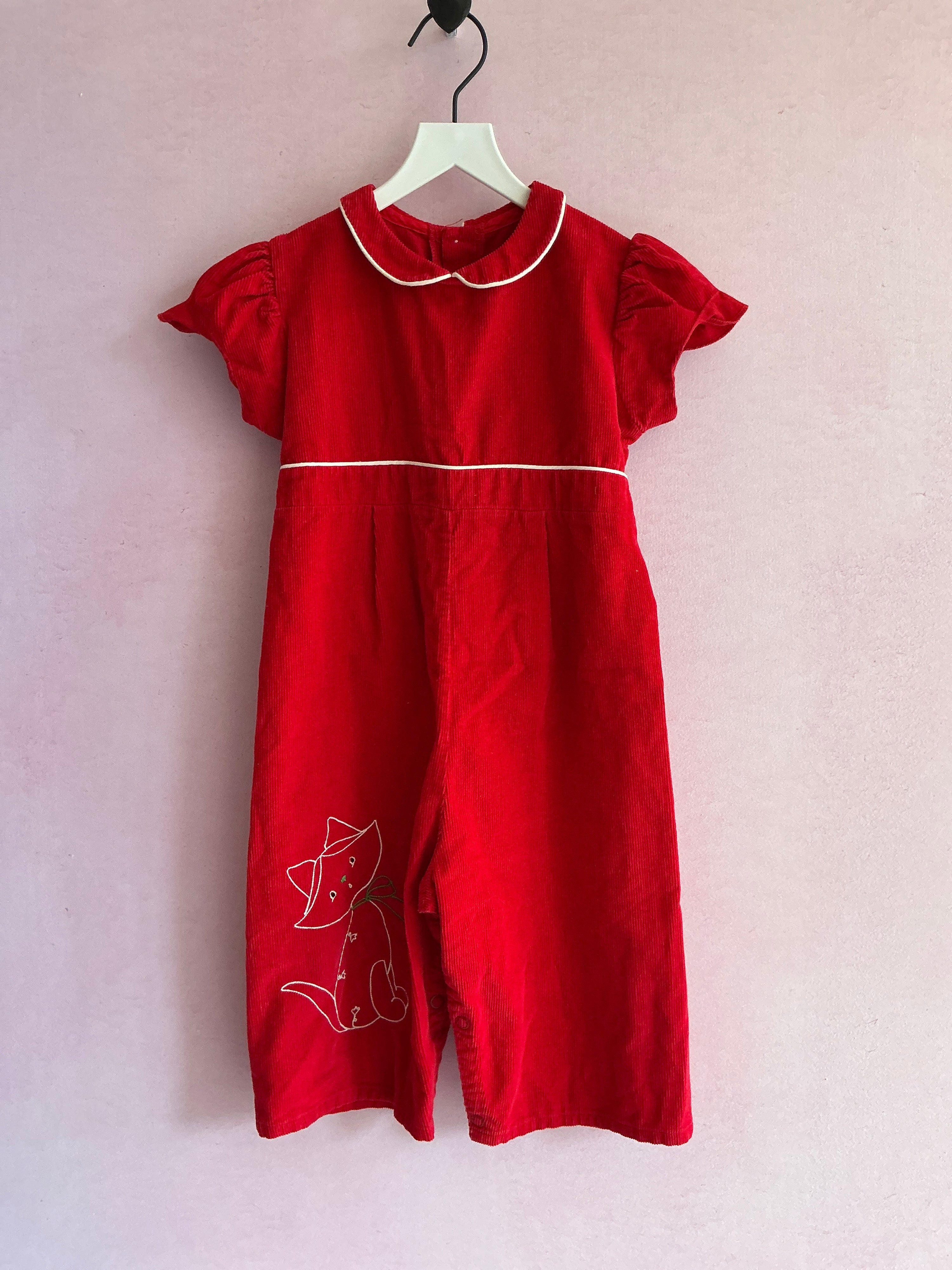 vintage Red Cat Cord Jumpsuit / 2-4 years
