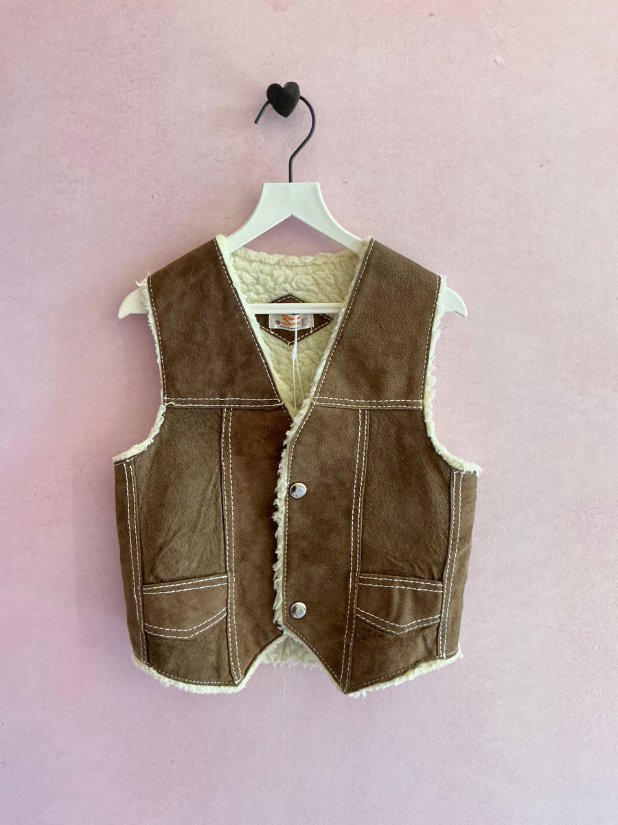 Vintage Brown Sherpa Lined Suede Vest / 4-6