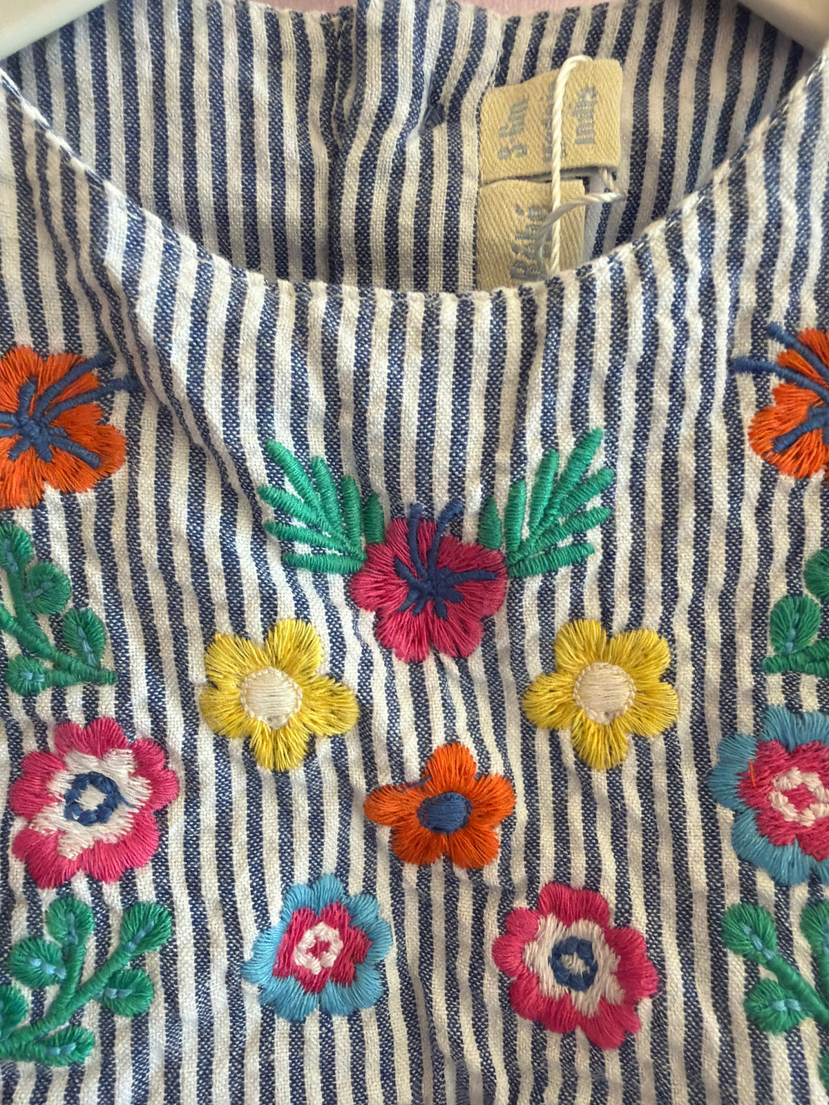 JoJo Maman Bebe Blue ticking stripe, floral embroidery, ruffle sleeve Top / 3-6 months