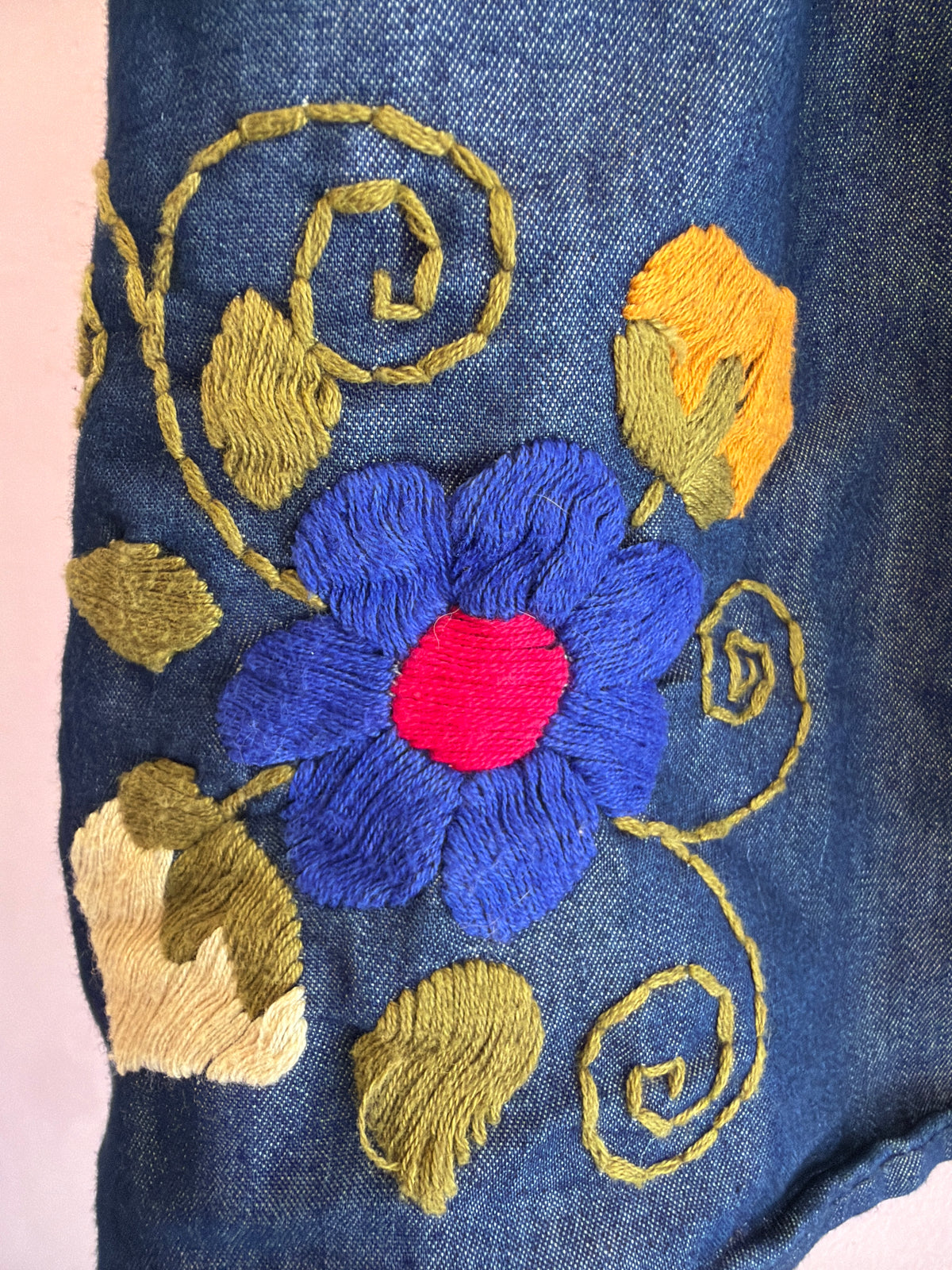 Embroidered Dark Blue Dress with Blanket Stitch Trim