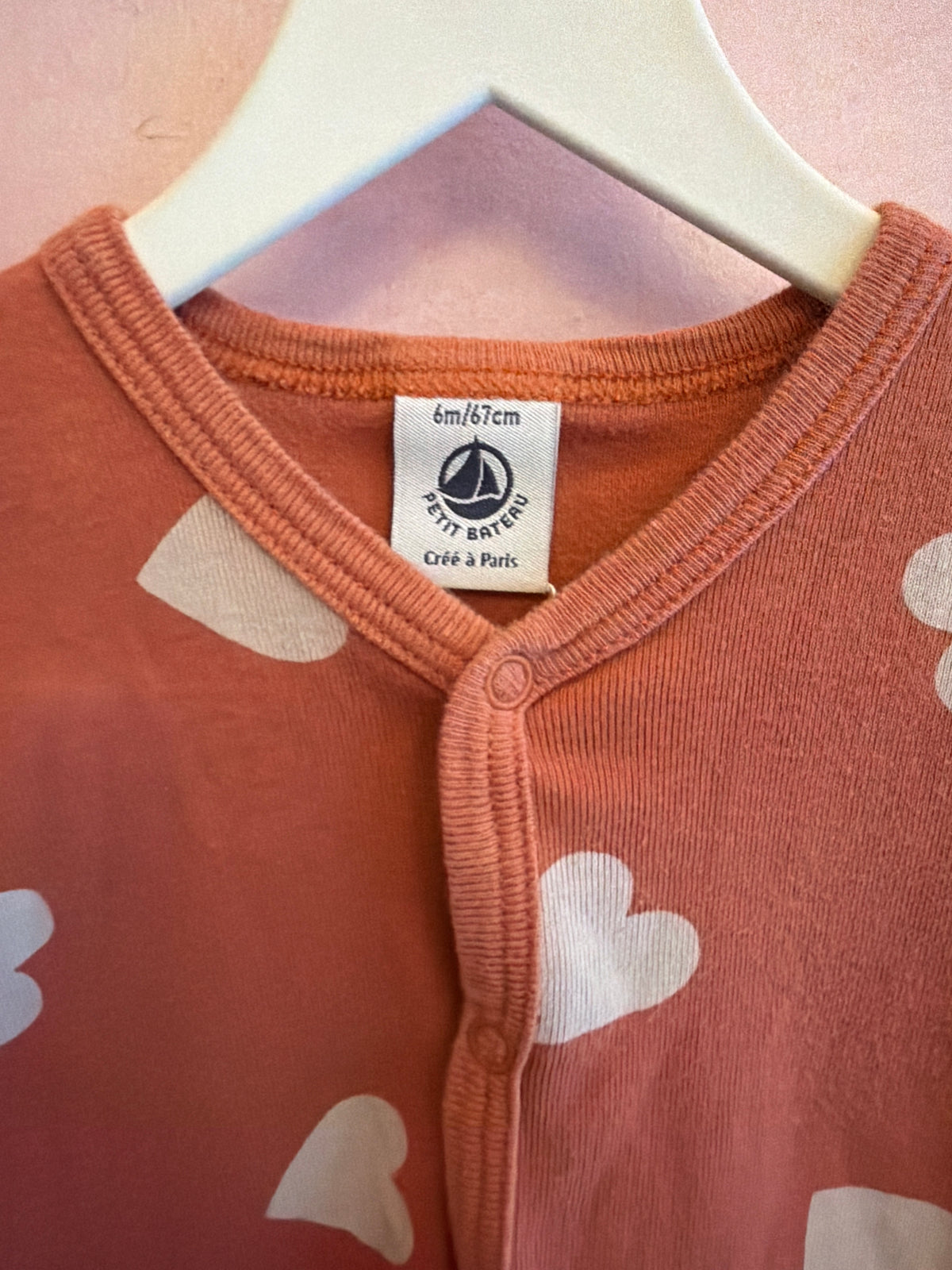Petit Bateau Salmon with White Hearts Romper / 6 months
