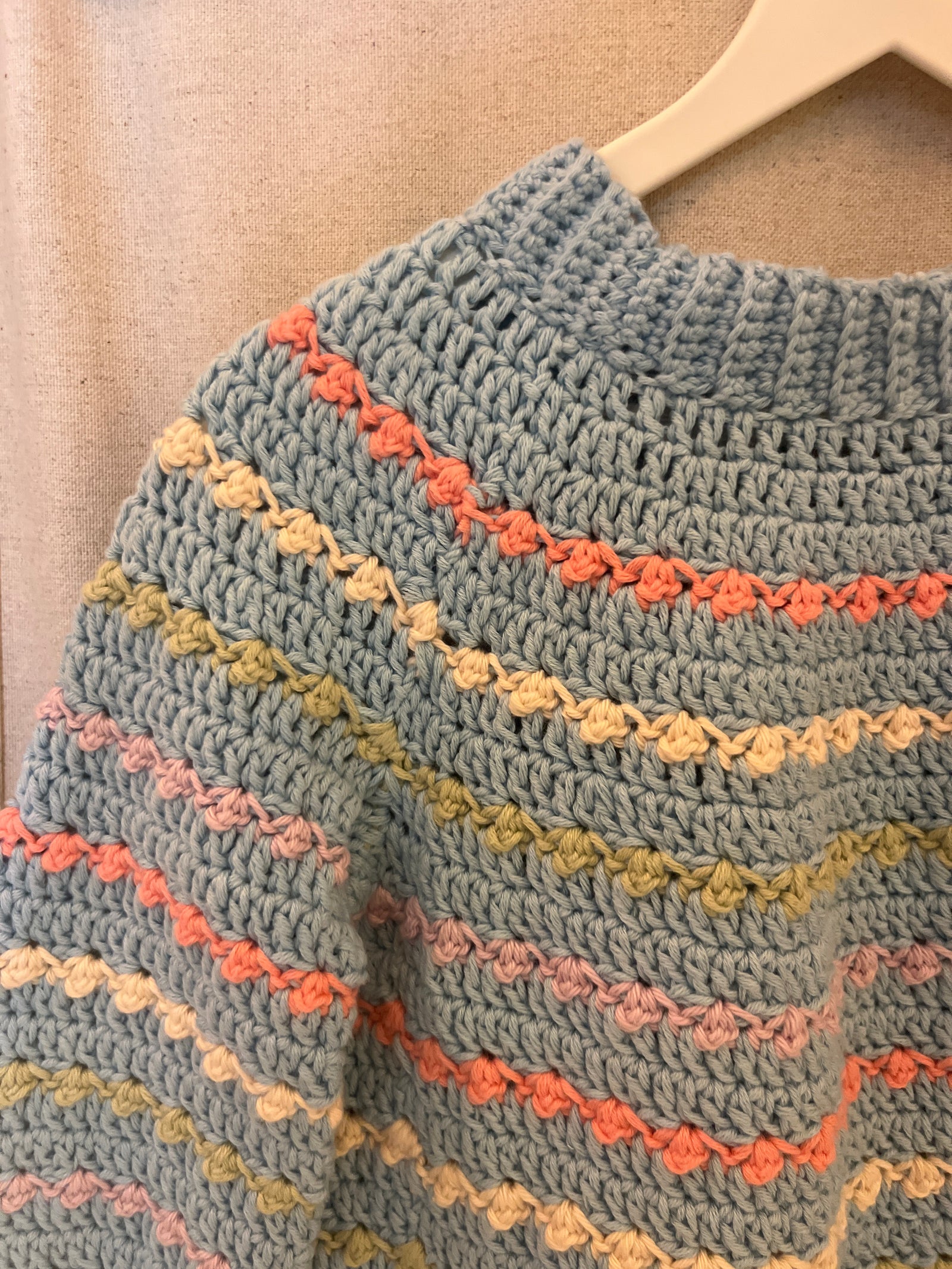homemade Blue with pastel pink, yellow, and cream stripes Sweater / 18 months