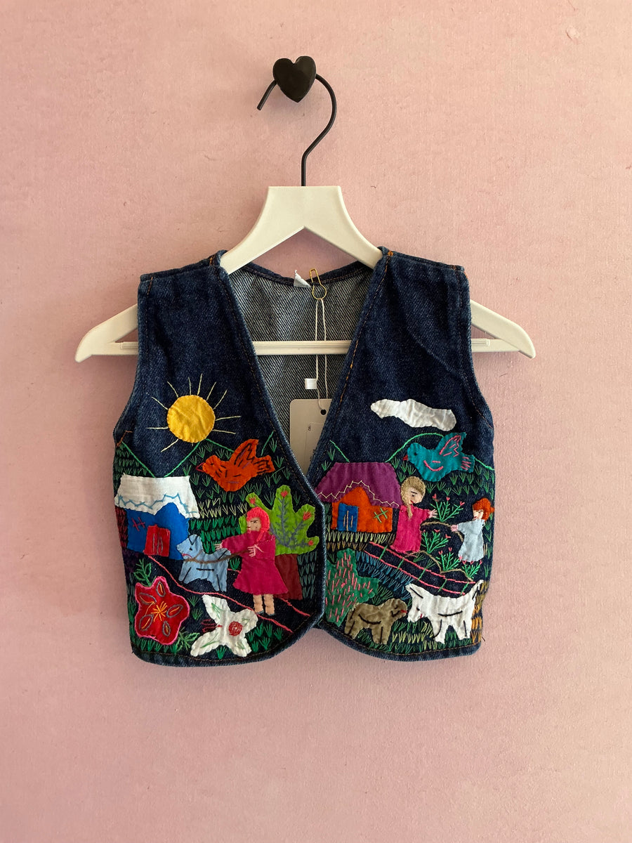 Vintage Hand worked Appliquéd and Embroidered Denim Vest / 2T