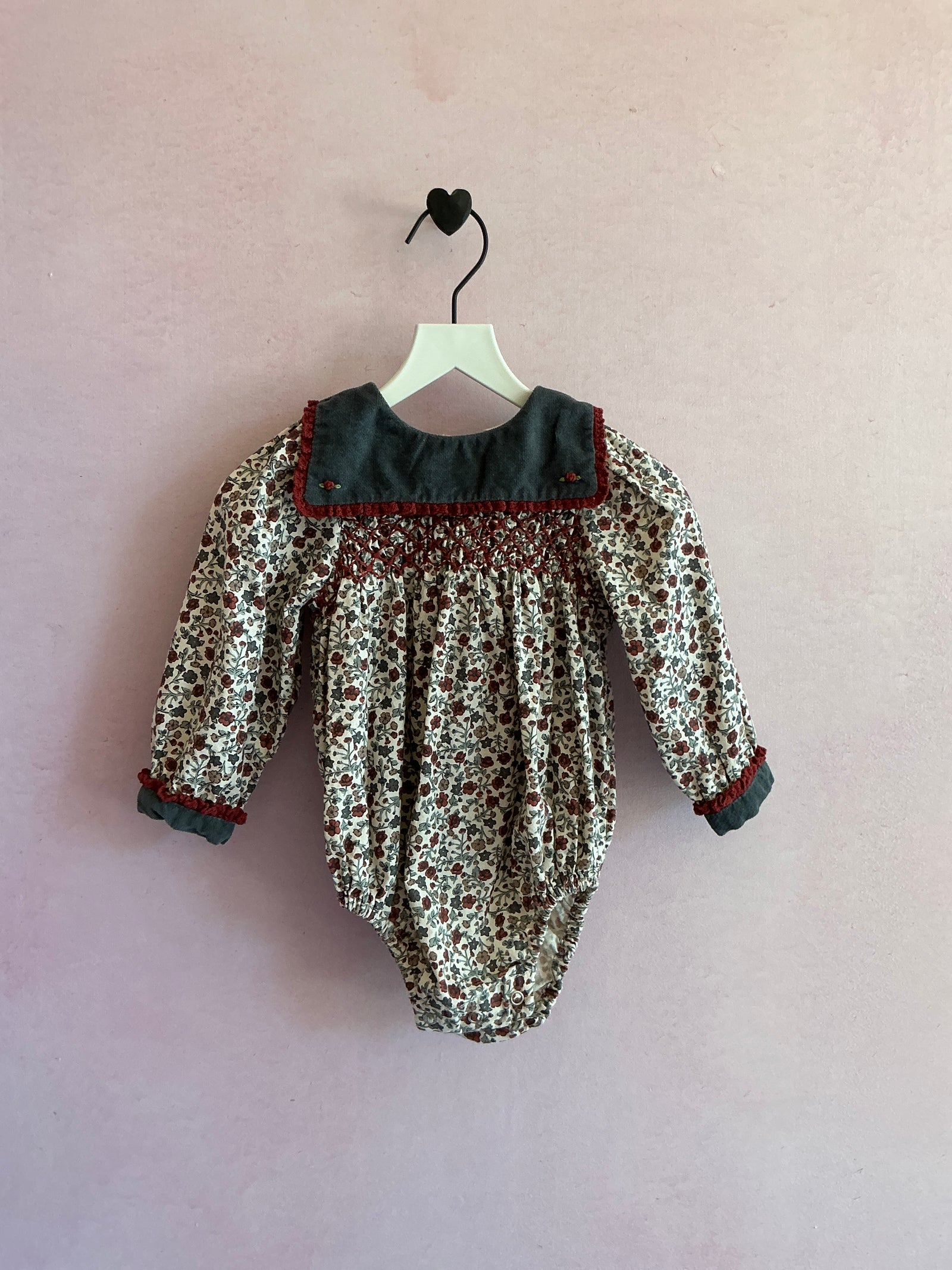 Little Cotton Clothes Velvet Bib Hand Smocked Burgundy Floral Romper / 6-12 months