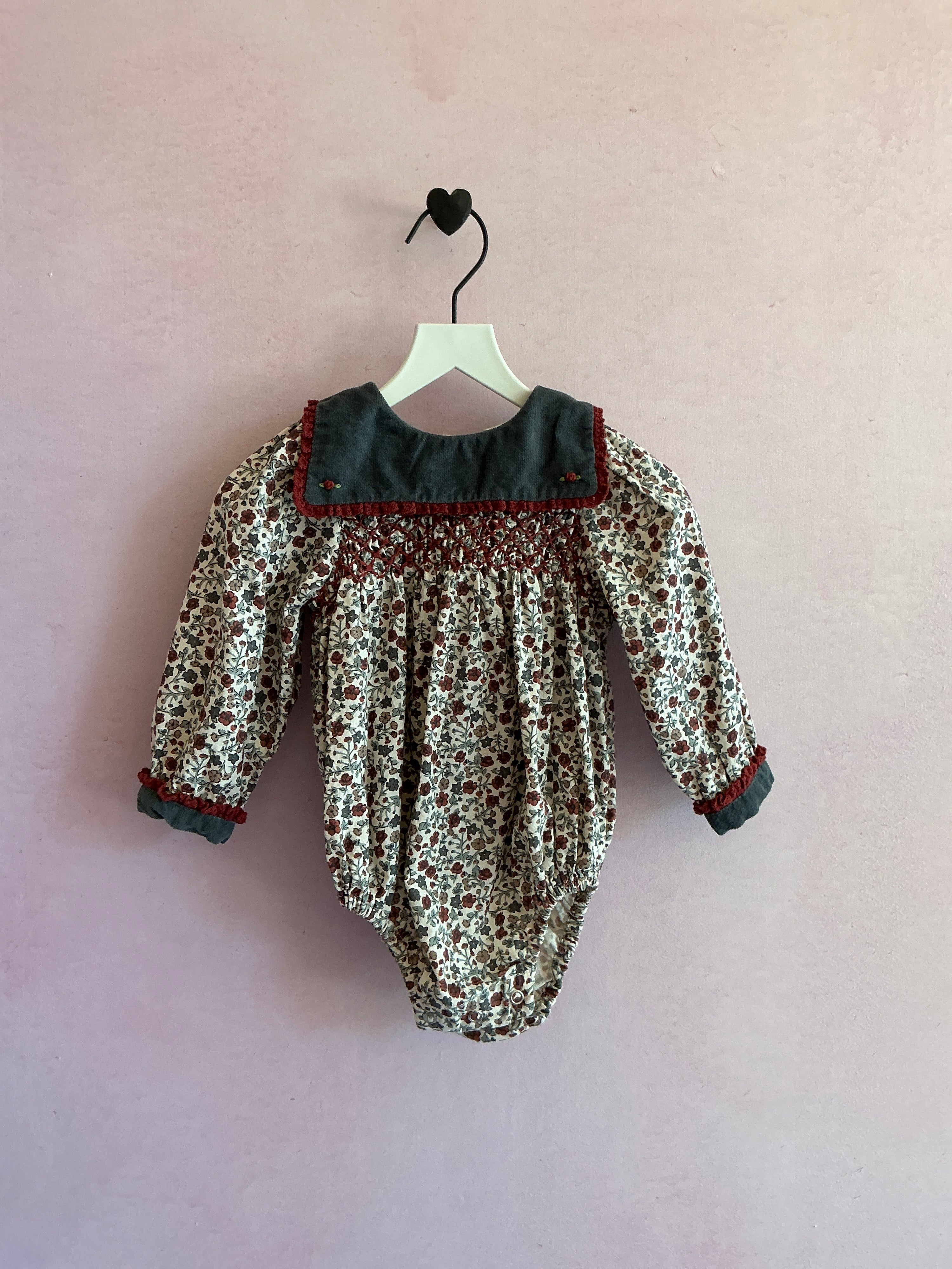Little Cotton Clothes Velvet Bib Hand Smocked Burgundy Floral Romper / 6-12 months