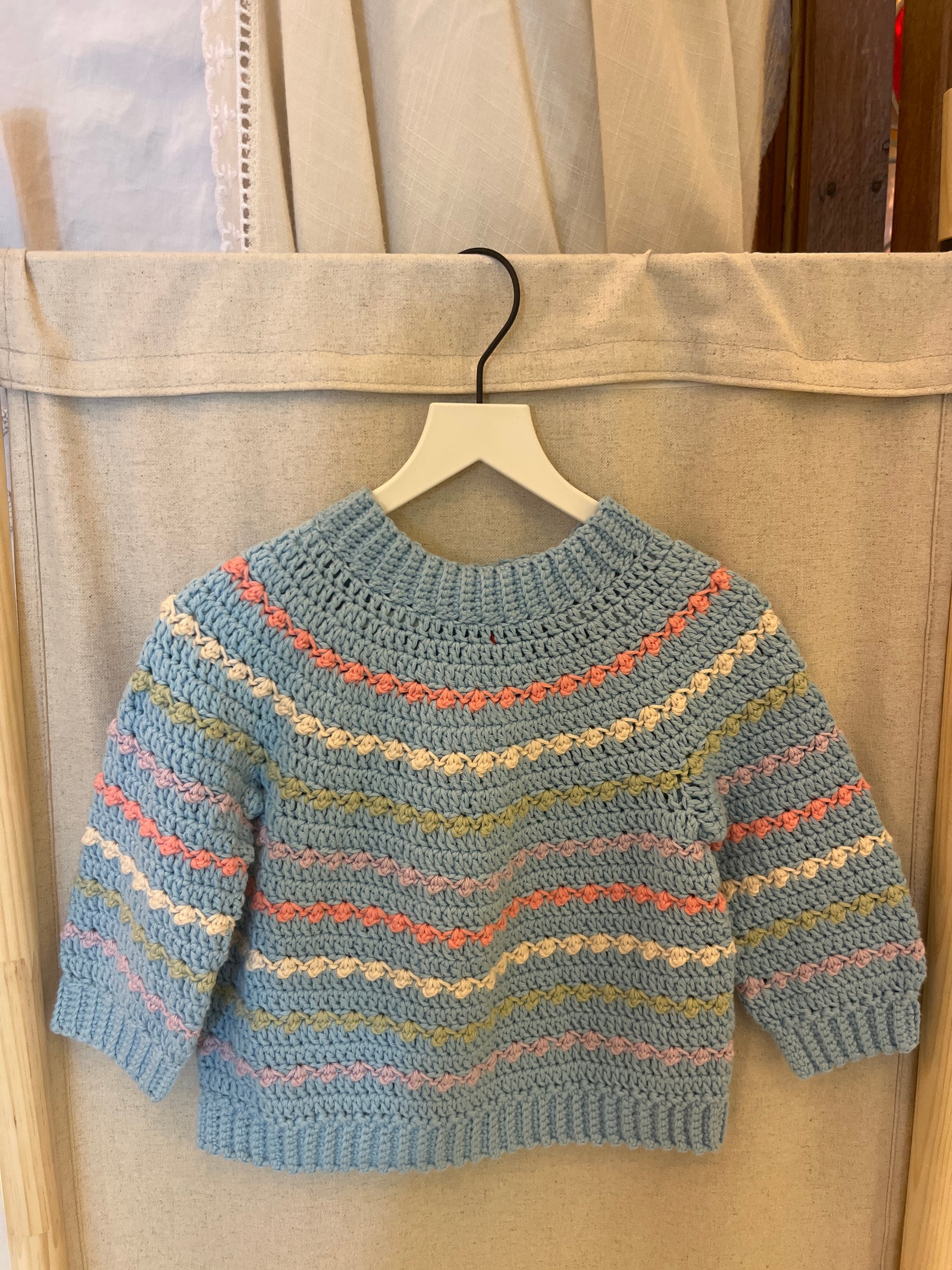 homemade Blue with pastel pink, yellow, and cream stripes Sweater / 18 months