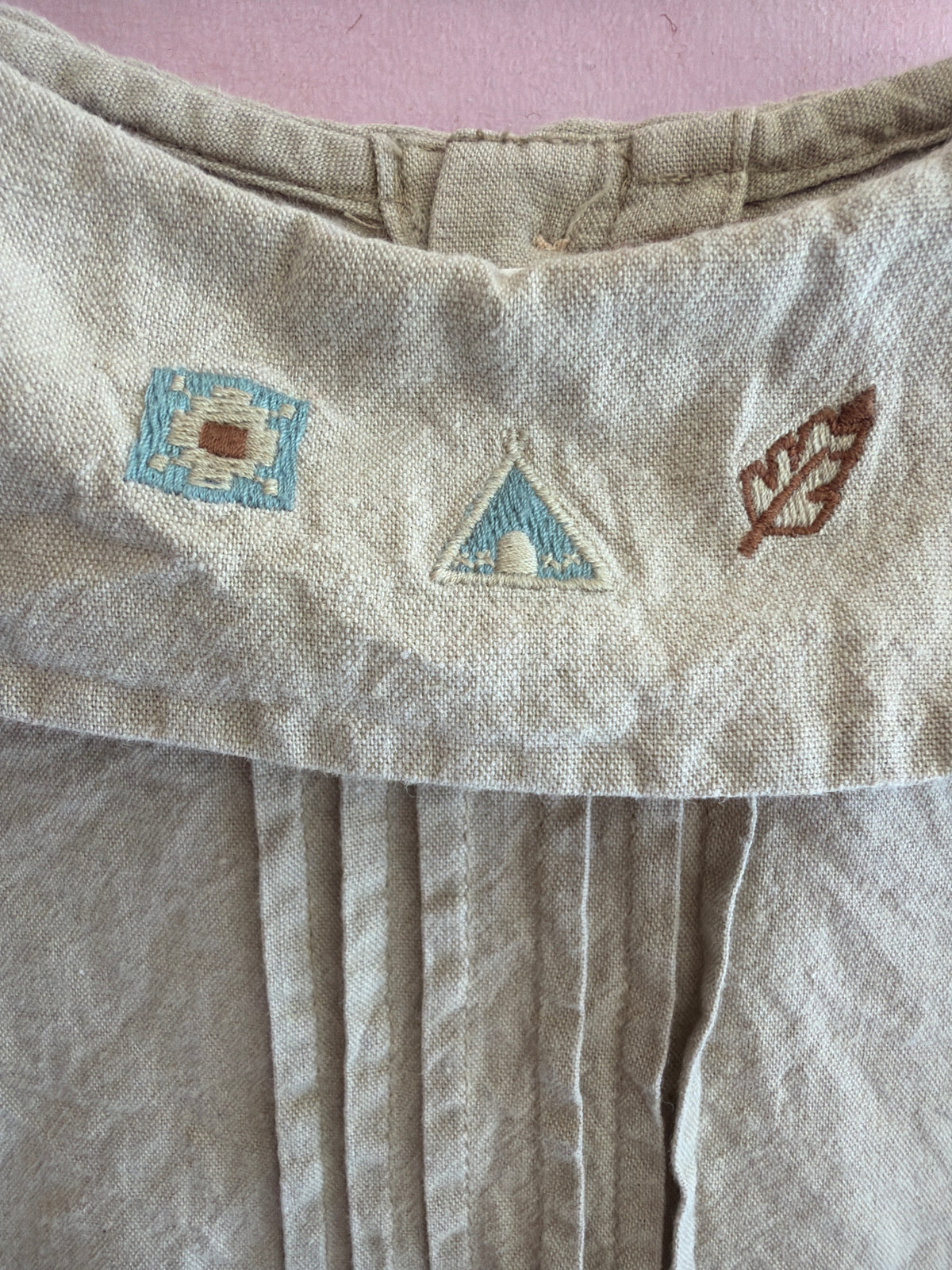 Vintage Oatmeal Linen Long Sleeve Shirt with Fall Embroidery Peter Pan Collar
