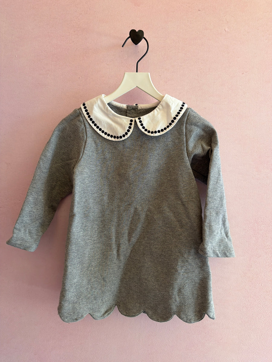 Jacadi Paris Gray, scalloped bottom, Peter Pan collar Sweatshirt Dress / 24 months