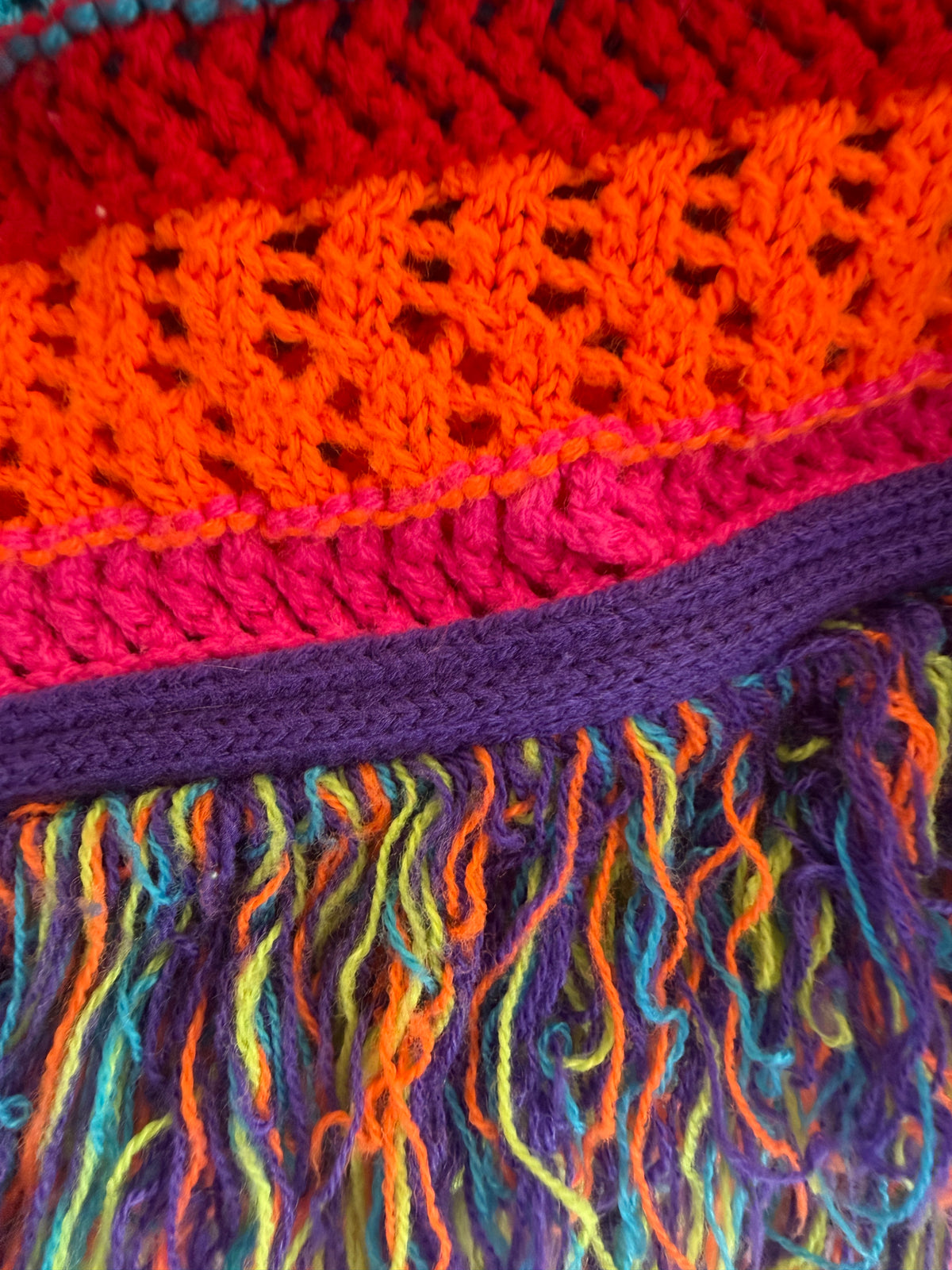 handmade Rainbow Crochet Fringe Asymmetrical Shawl / 2-4