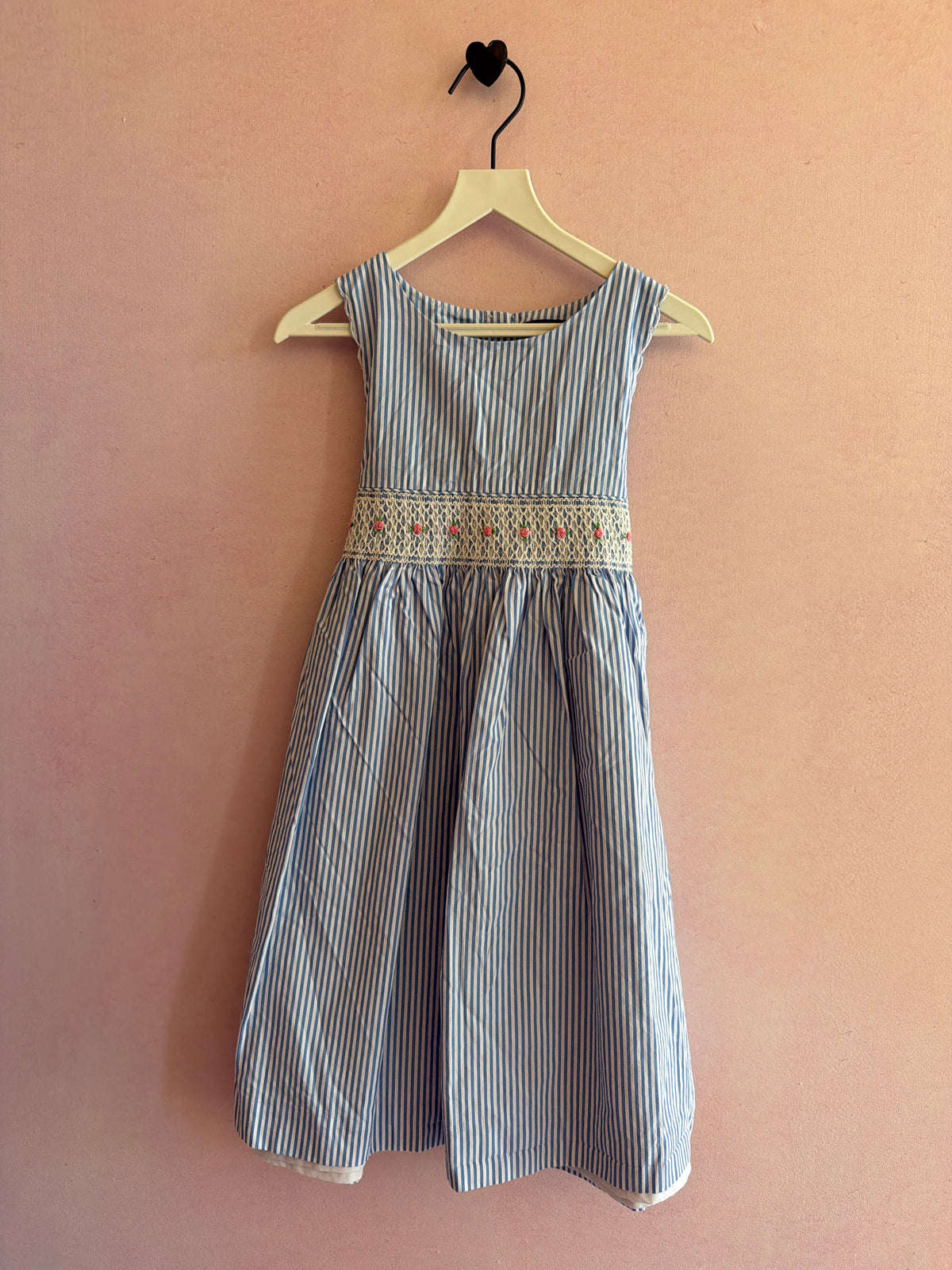 Ralph Lauren Blue and White Stripe with Rose Embroidery Smocked Tieback Dress / 4