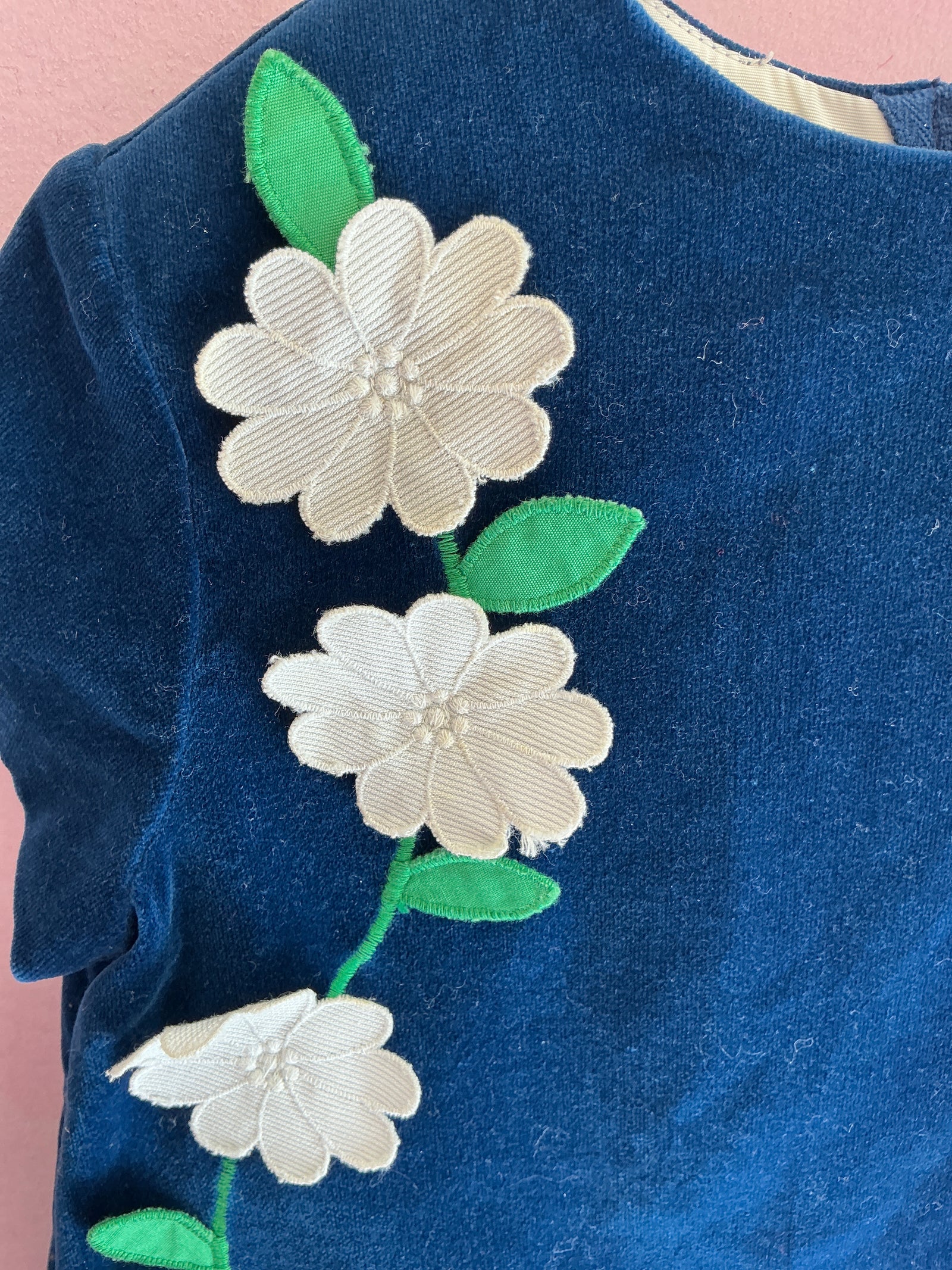 70s vintage blue velvet folk-art daisy applique storybook Dress / 6-12