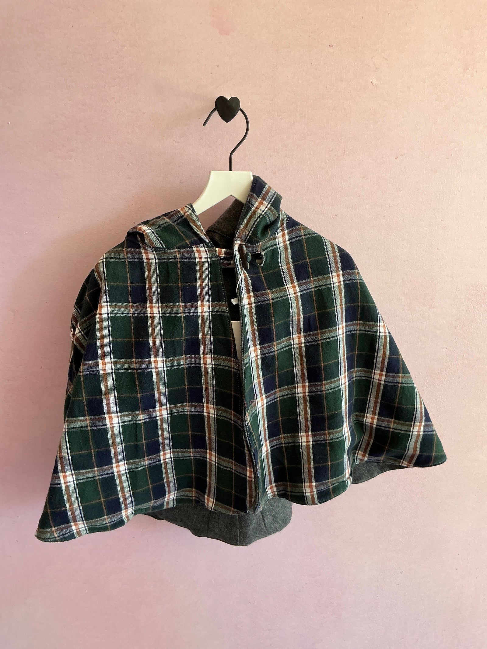 vintage Gray Reversible Cape 100% wool fleece & 100% cotton flannel  / 5-6