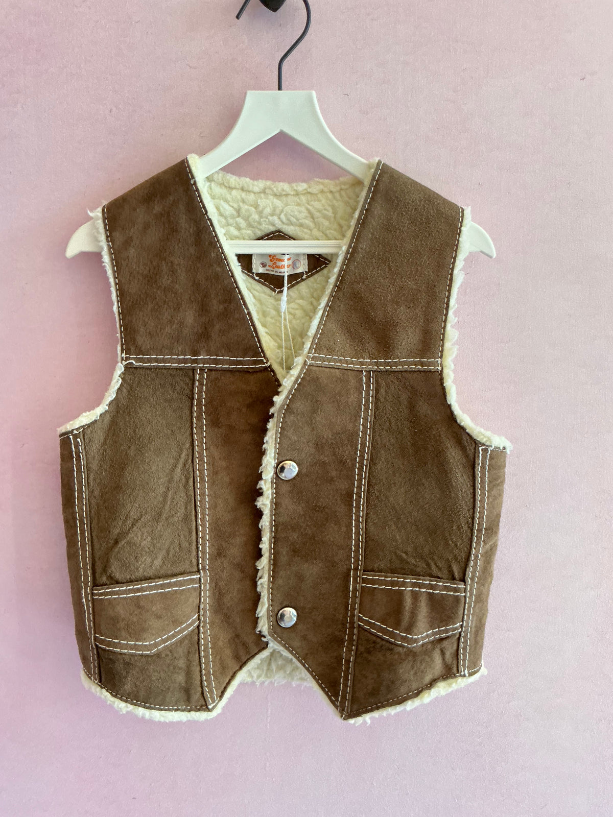 Vintage Brown Sherpa Lined Suede Vest / 4-6