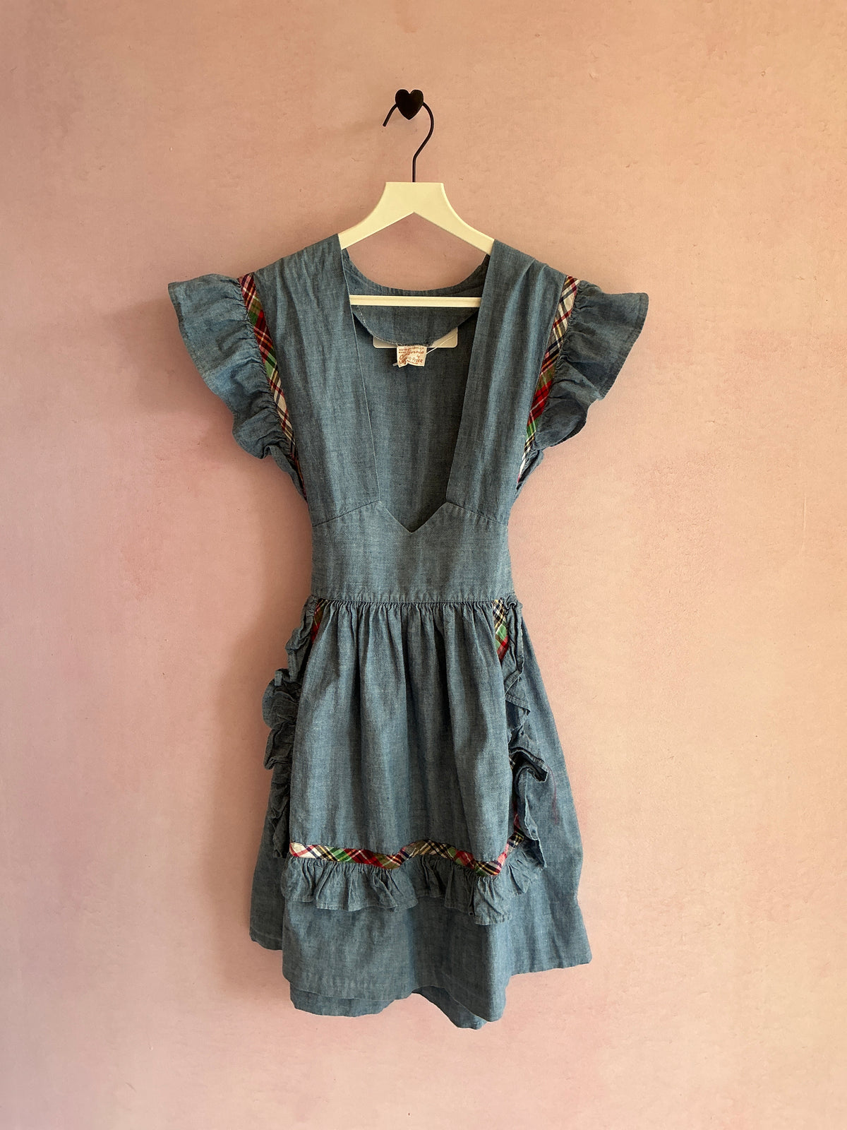 vintage Chambray Denim Apron Plaid Trim Dress / 12