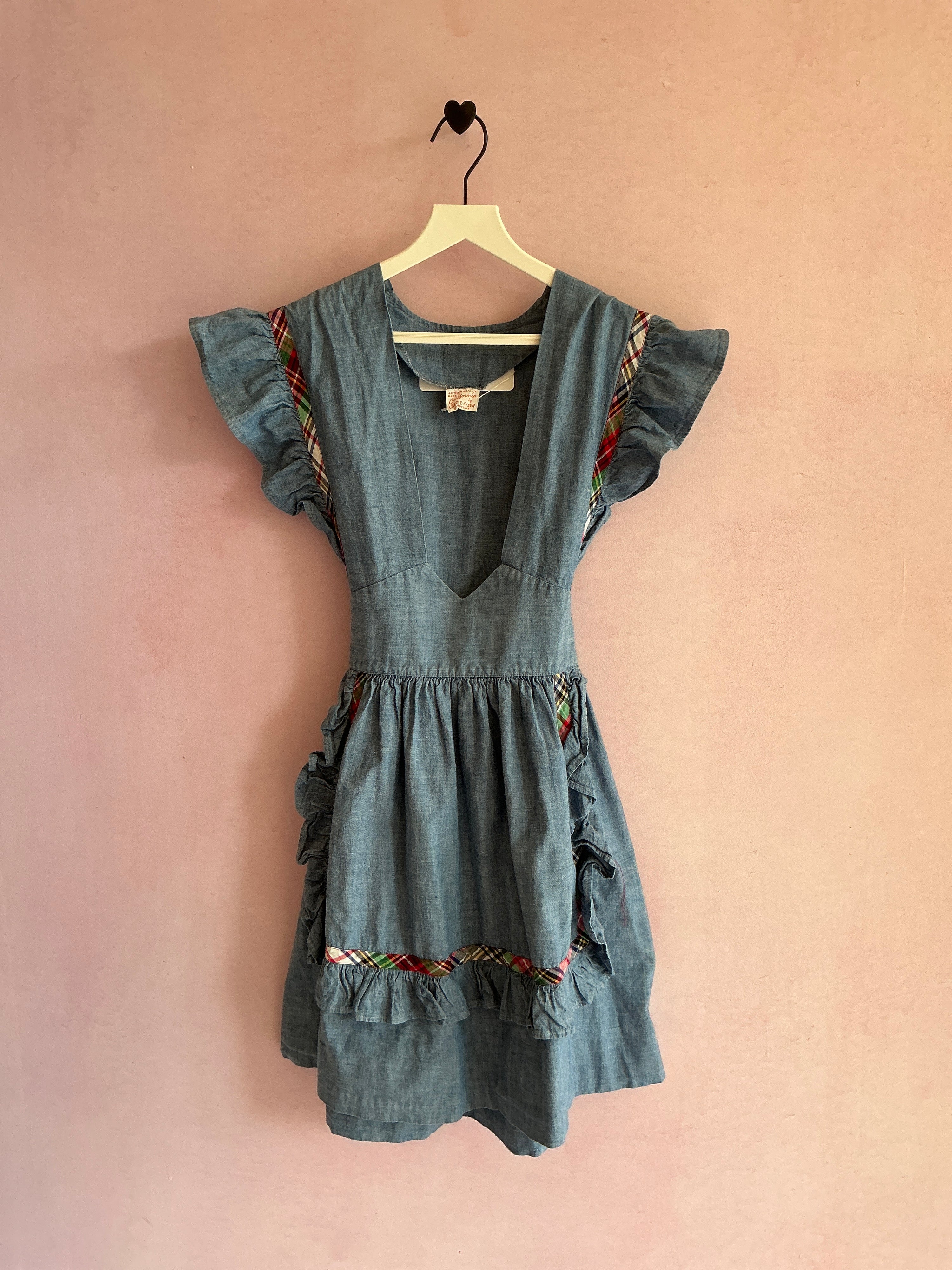 vintage Chambray Denim Apron Plaid Trim Dress / 12