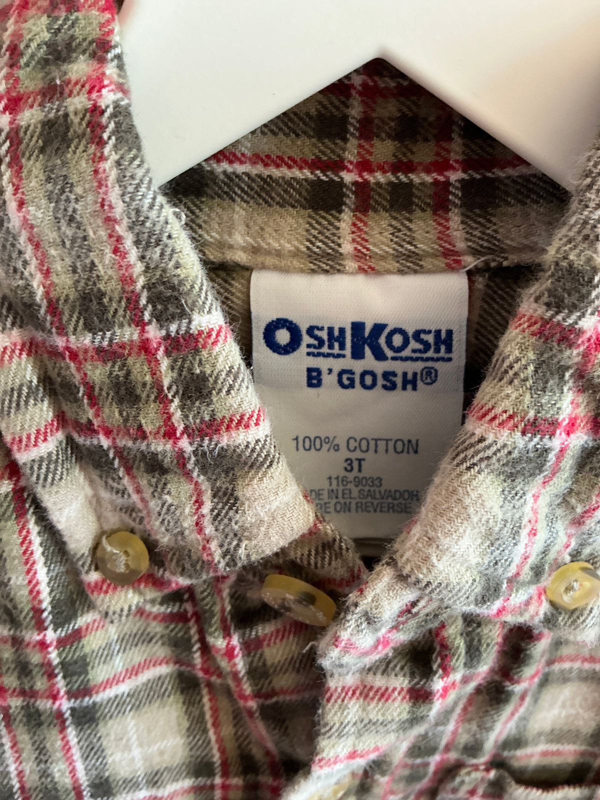 vintage 90s OshKosh B'gosh Green, Red, and Cream Plaid Long Sleeve Shirt / 3T