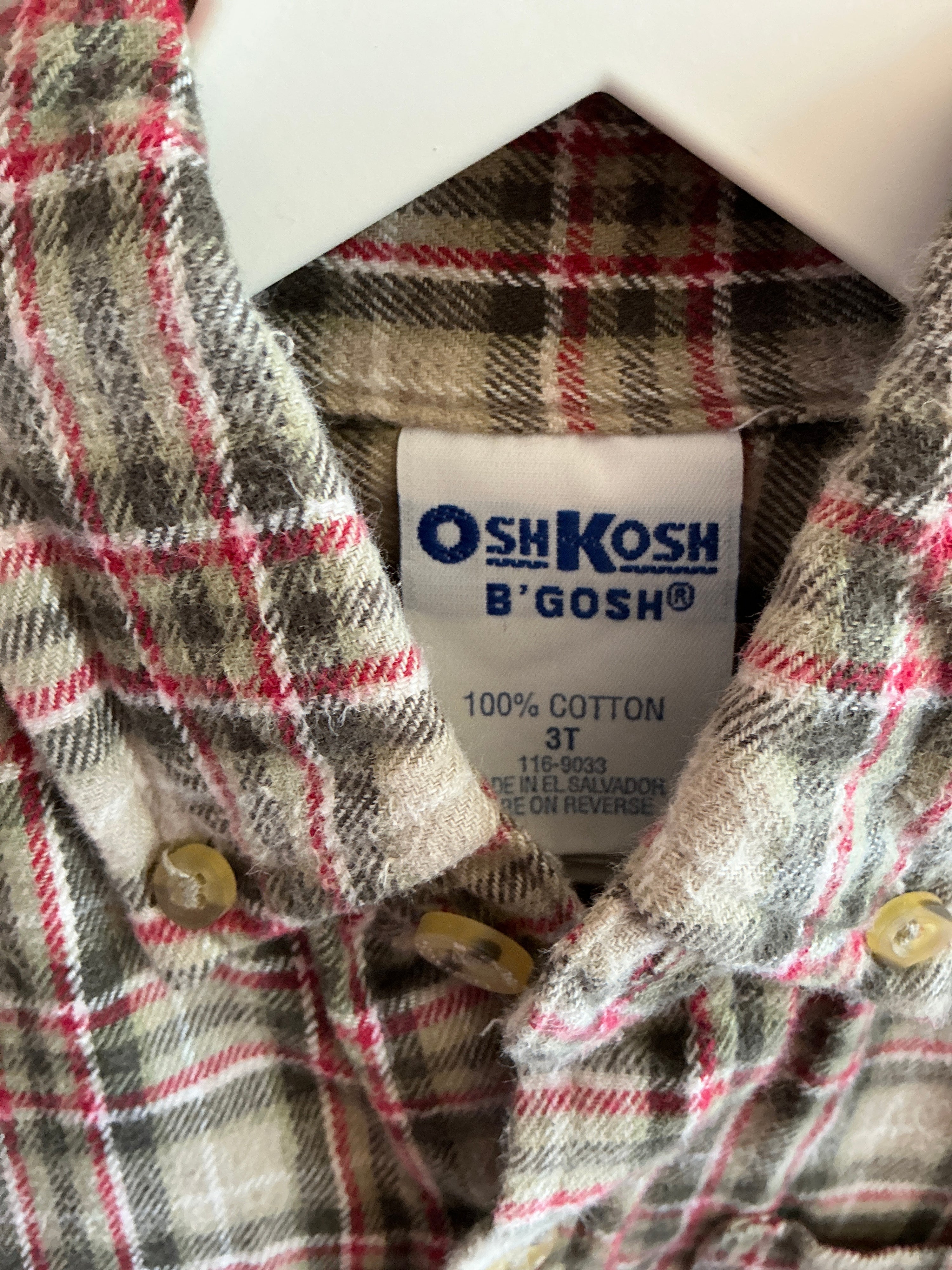 vintage 90s OshKosh B'gosh Green, Red, and Cream Plaid Long Sleeve Shirt / 3T