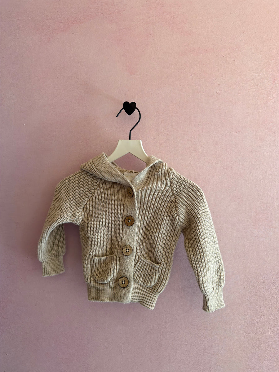 Jamie Kay Oatmeal Knit Hooded Cardigan with Cork Buttons and Ears / 3-6 months