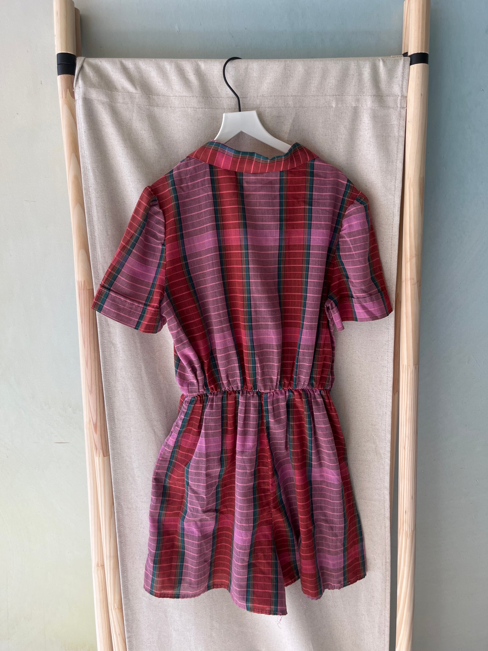 vintage California Pink with red, green, and beige plaid pattern Jumpsuit / 12
