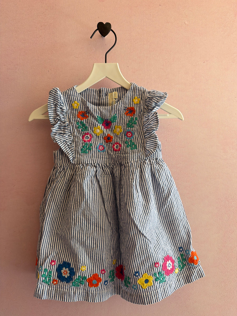 JoJo Maman Bebe Blue ticking stripe, floral embroidery, ruffle sleeve Top / 3-6 months