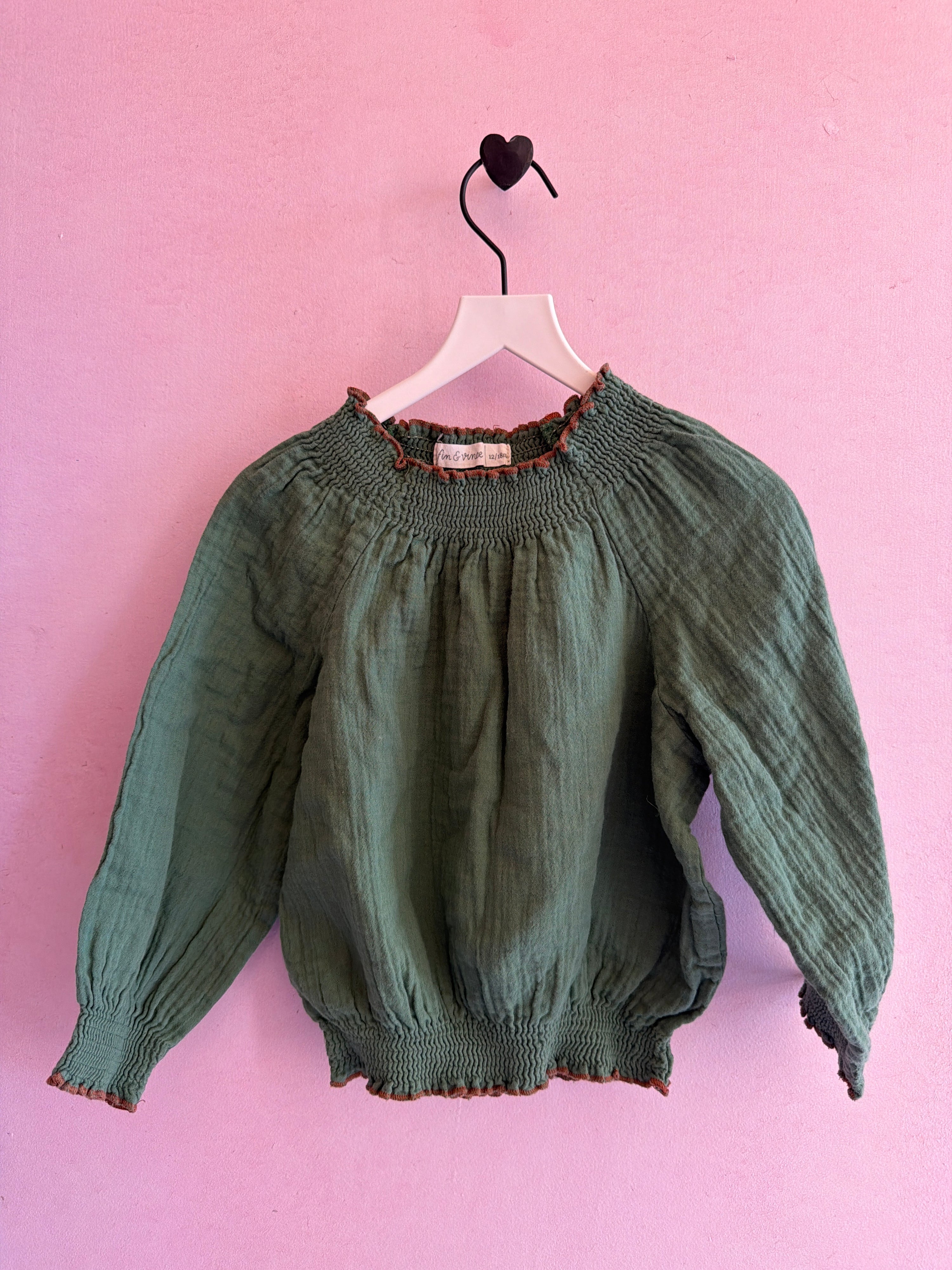 fin & vince Forest and Brown Smocked Blouse / 12-18 months