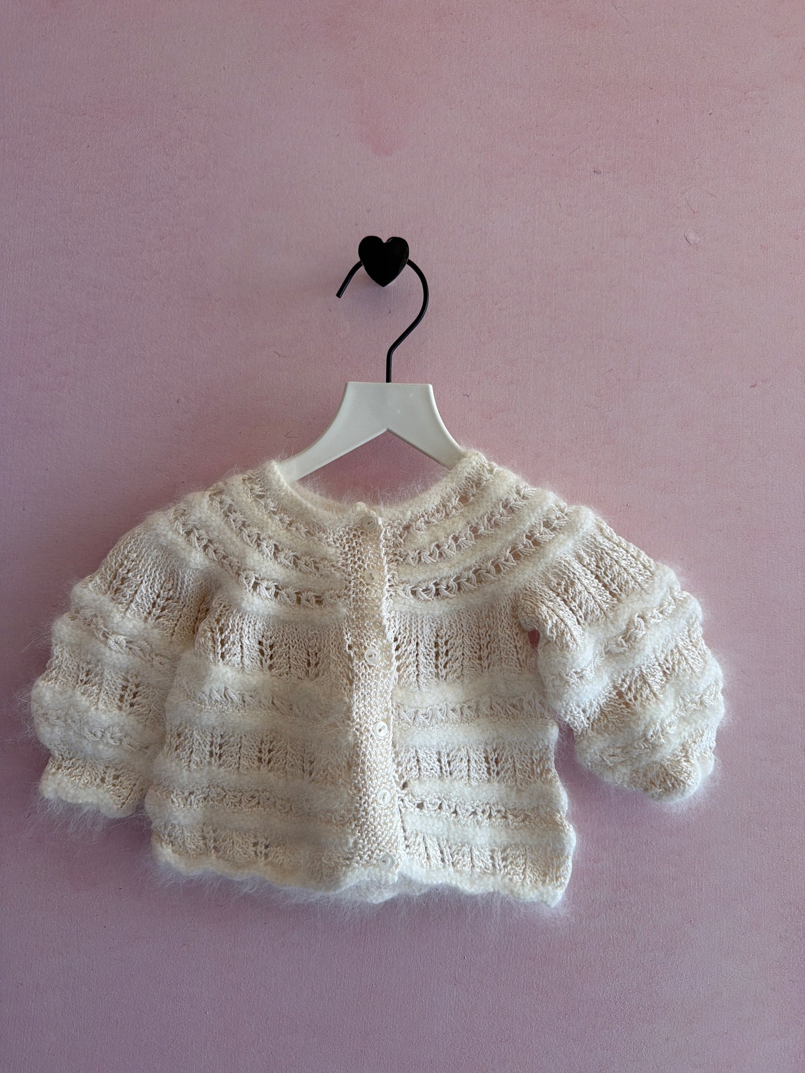 vintage Fluffy Cream Angora Knit Cardigan / Newborn