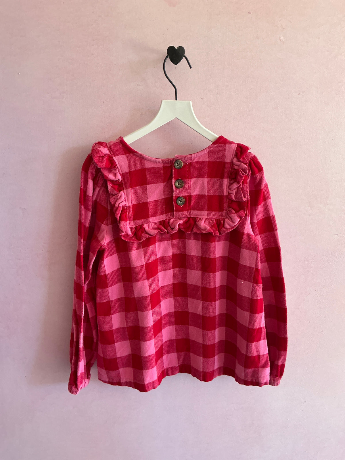Hanna Andersson Pink and Red Check Ruffle Collar Flannel Blouse / 4-5 years