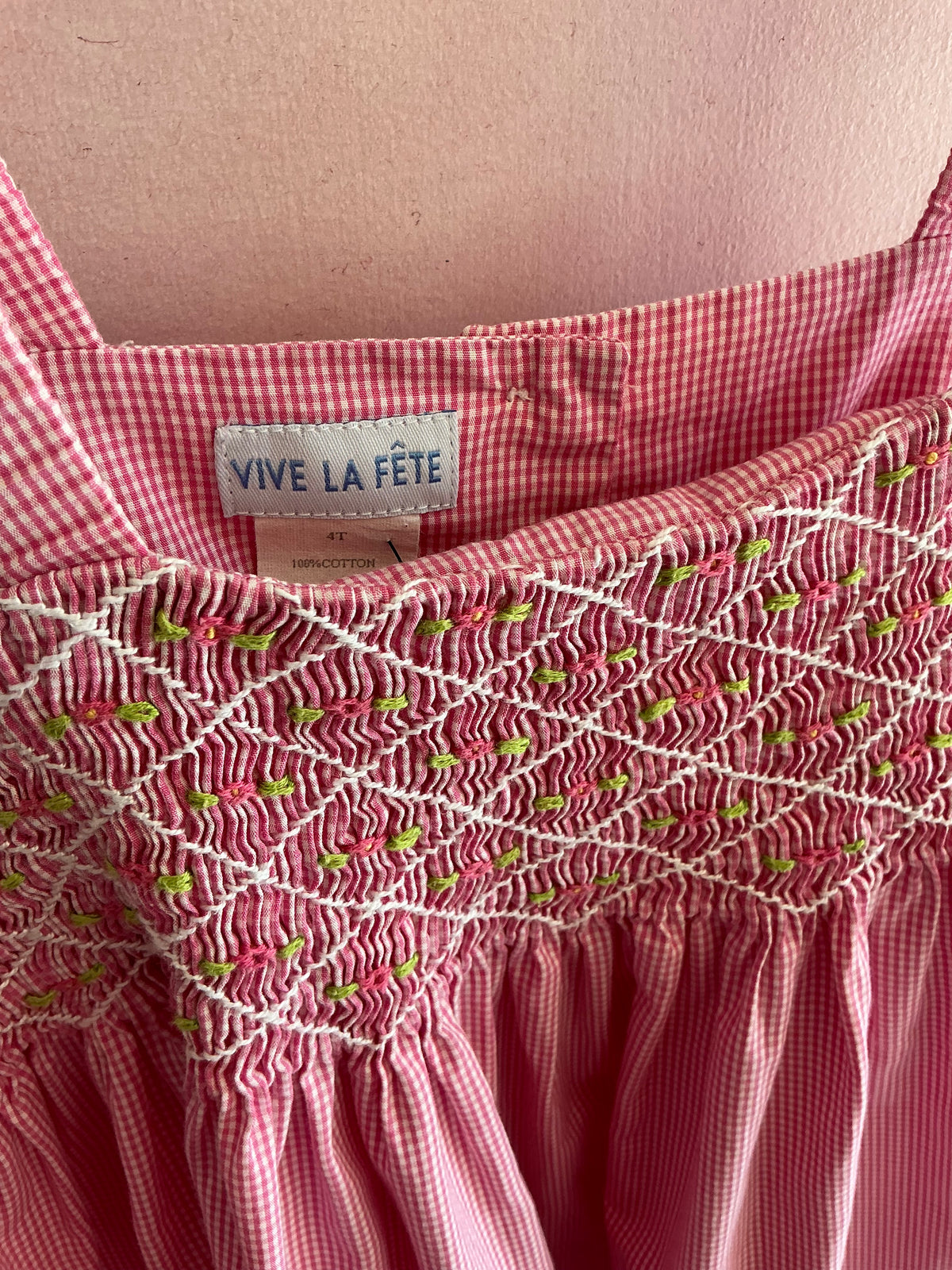 vintage Vive La Fete Hand-Smocked Pink and White Gingham Rosette Dress / 4