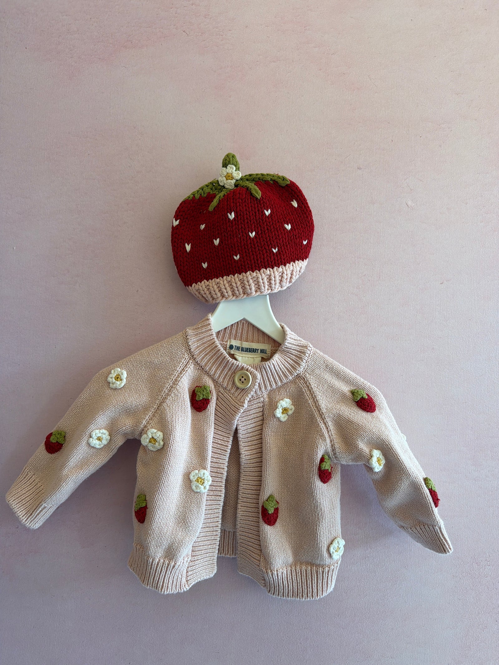 The Blueberry Hill Strawberry Flower Cardigan and Hat Set / 3-6 months