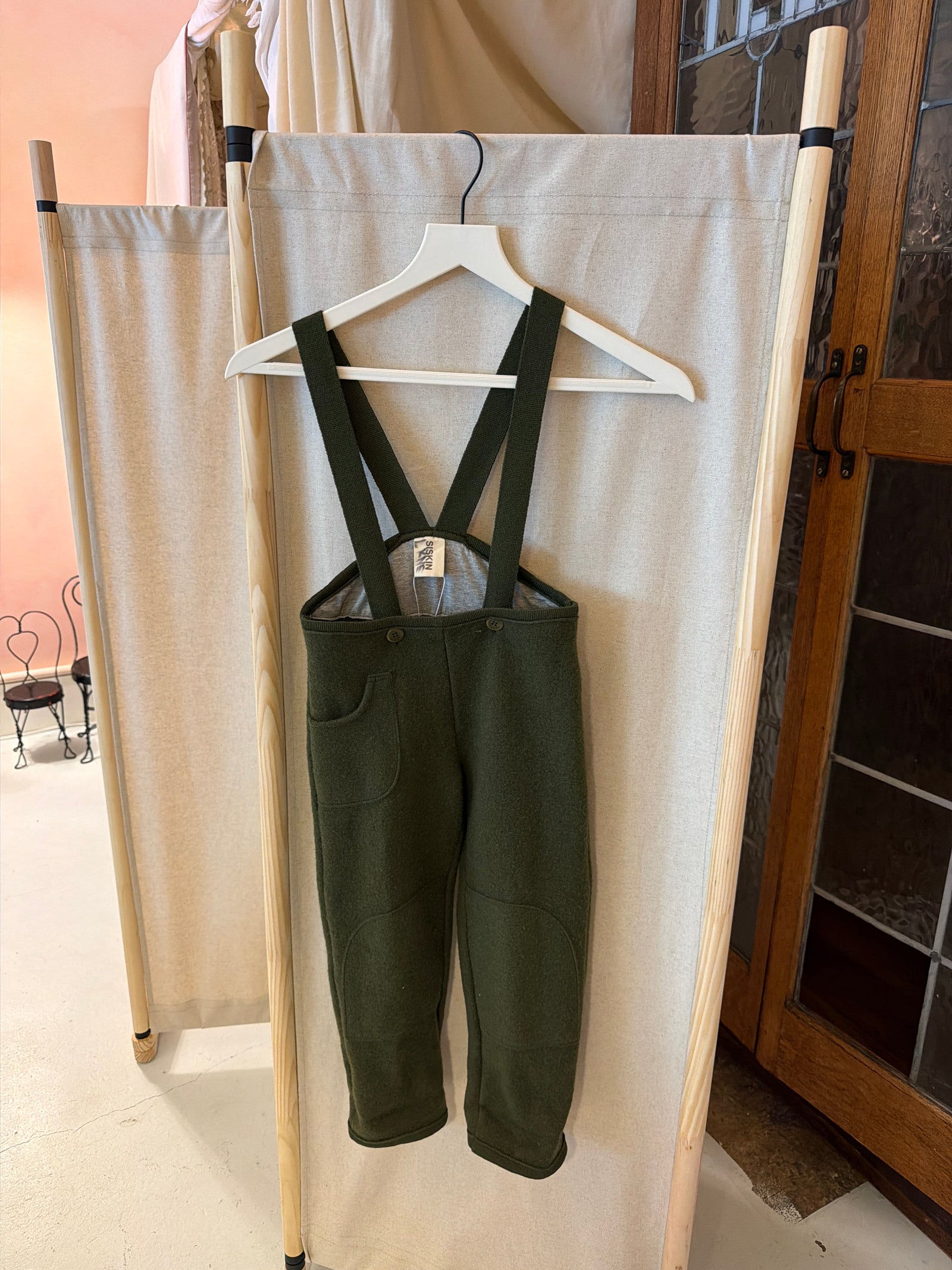Siskin Olive Pocket Dungarees - Boiled Merino Wool - Seaweed / 5-6