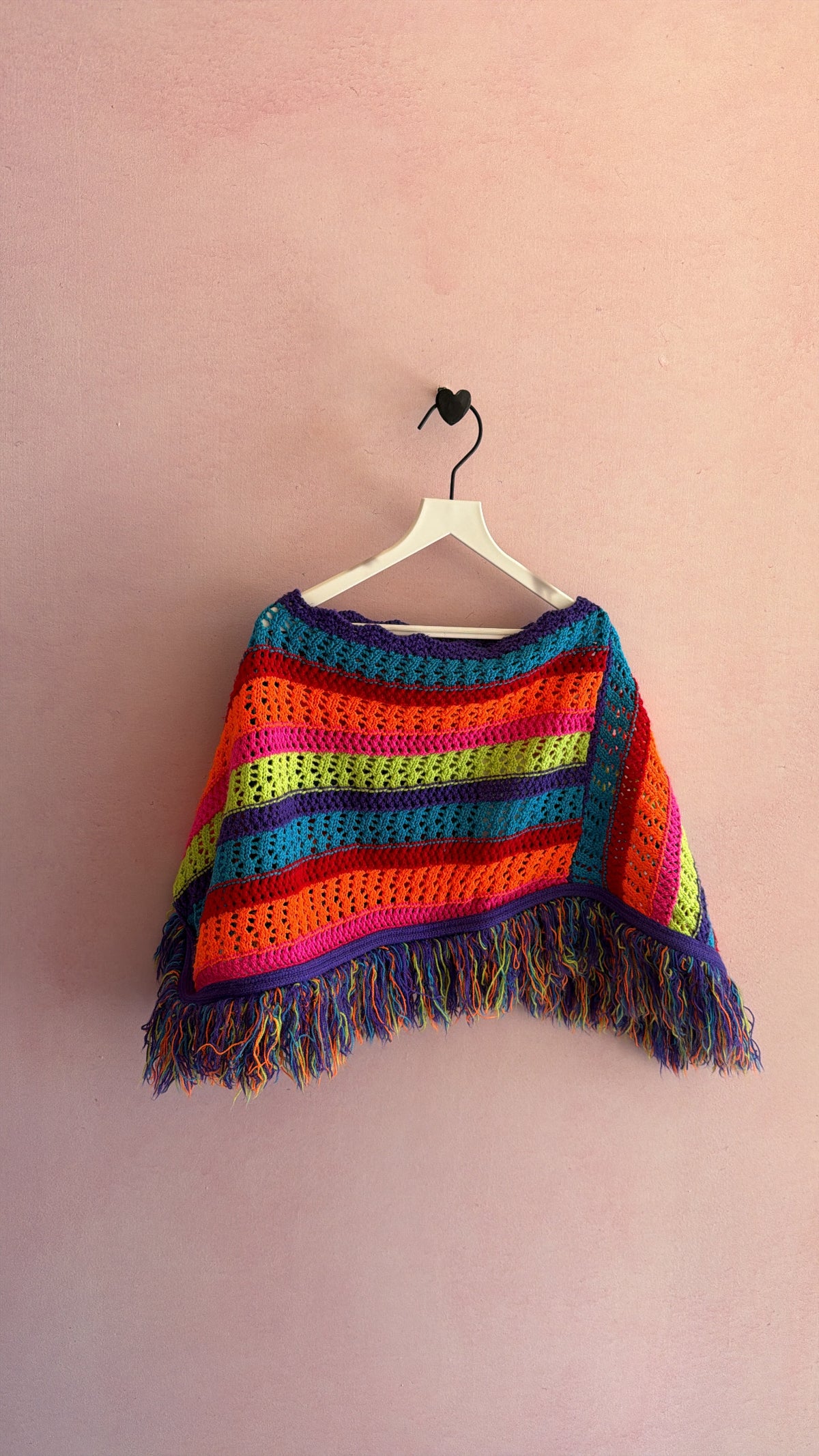 handmade Rainbow Crochet Fringe Asymmetrical Shawl / 2-4