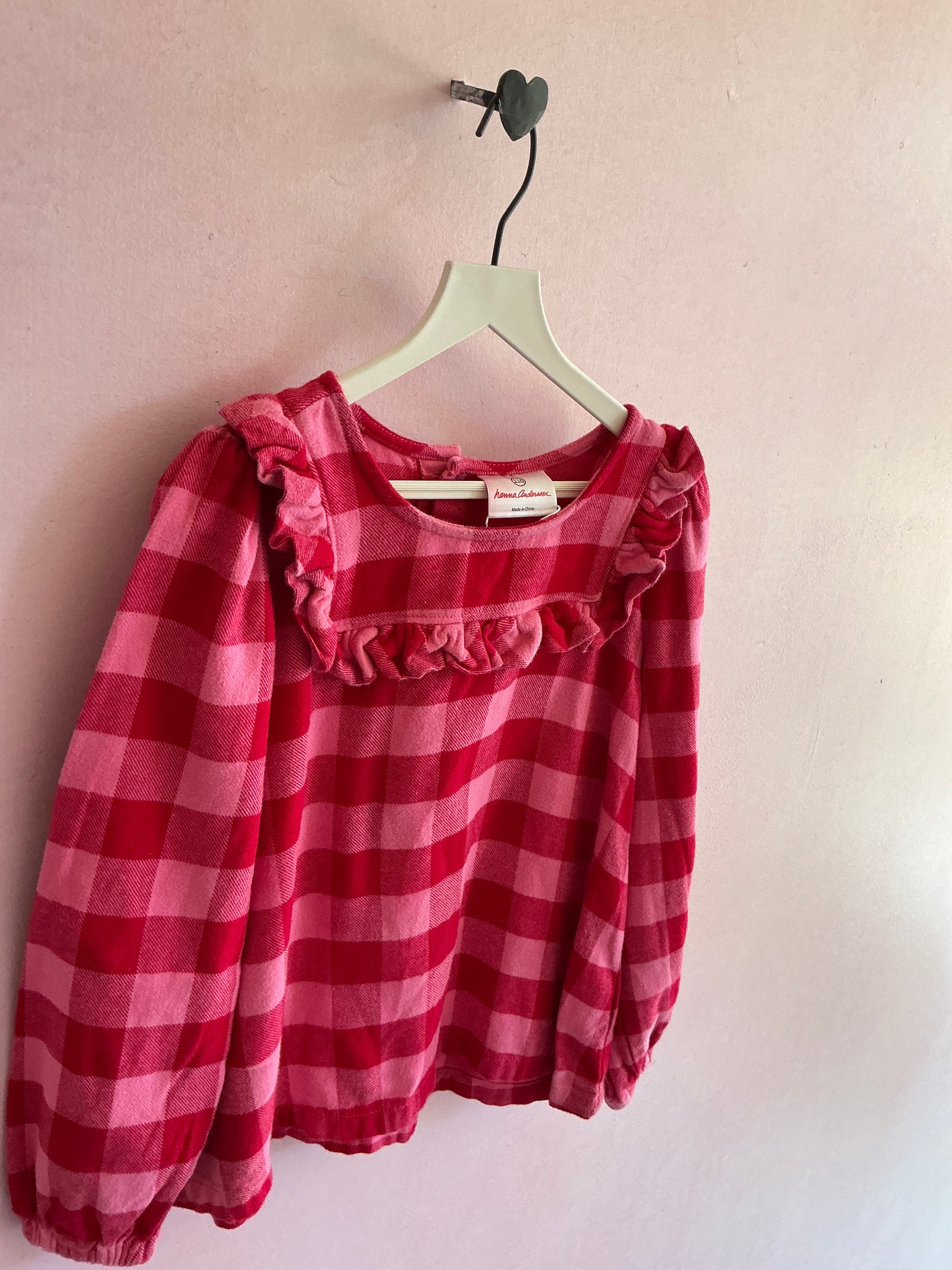 Hanna Andersson Pink and Red Check Ruffle Collar Flannel Blouse / 4-5 years