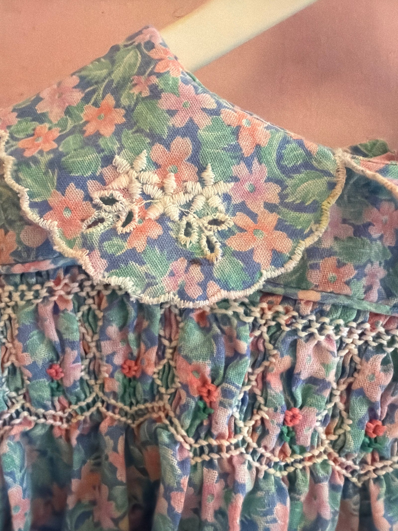 vintage Pastel blue with pink floral smocked Dress / 0-6 months