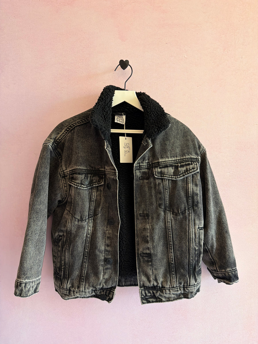 zara Gray Denim Sherpa Lined Bomber Jacket / 8