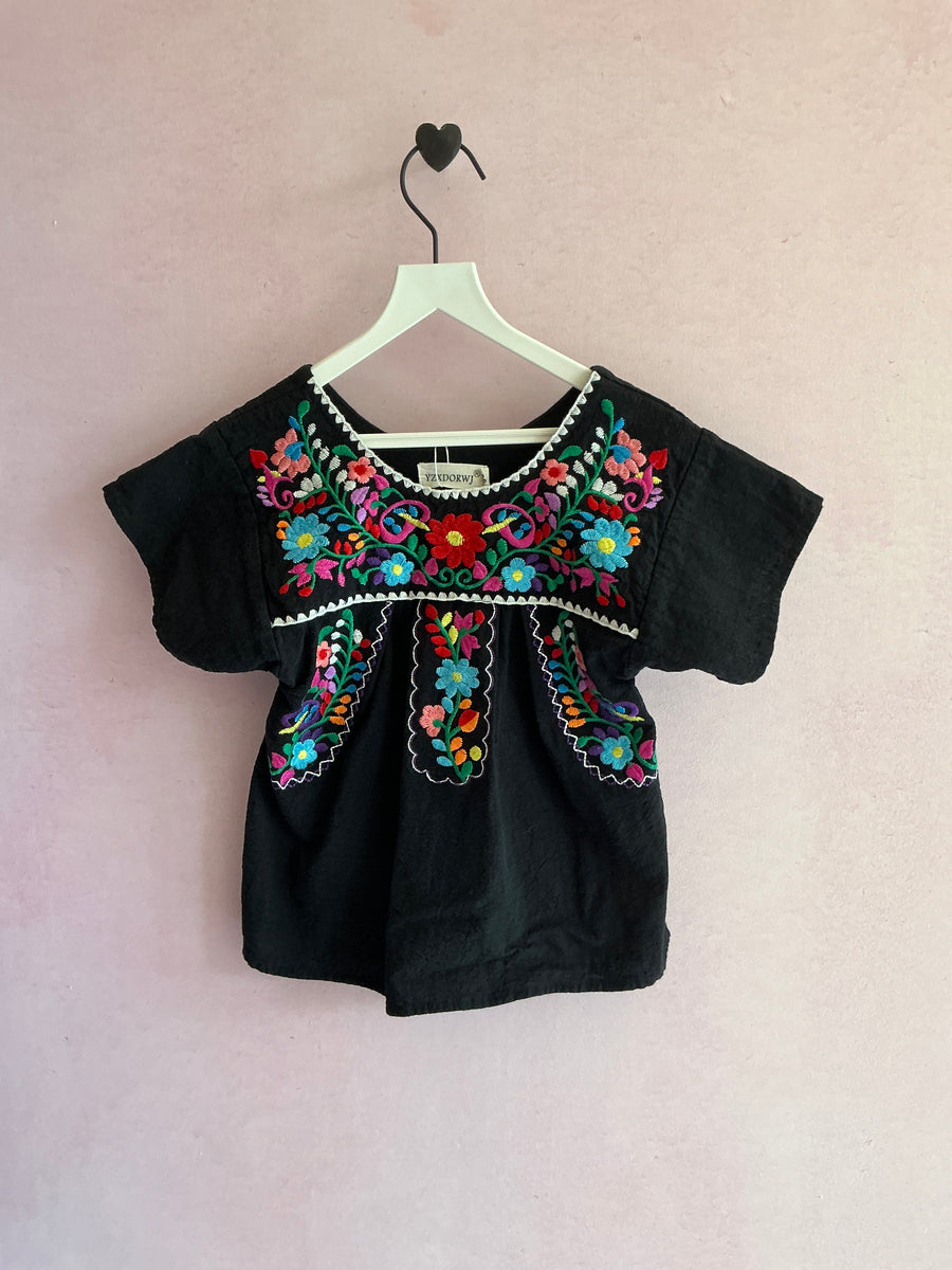 YZXDORWJ Black Bright Floral Embroidery Blouse / 2T