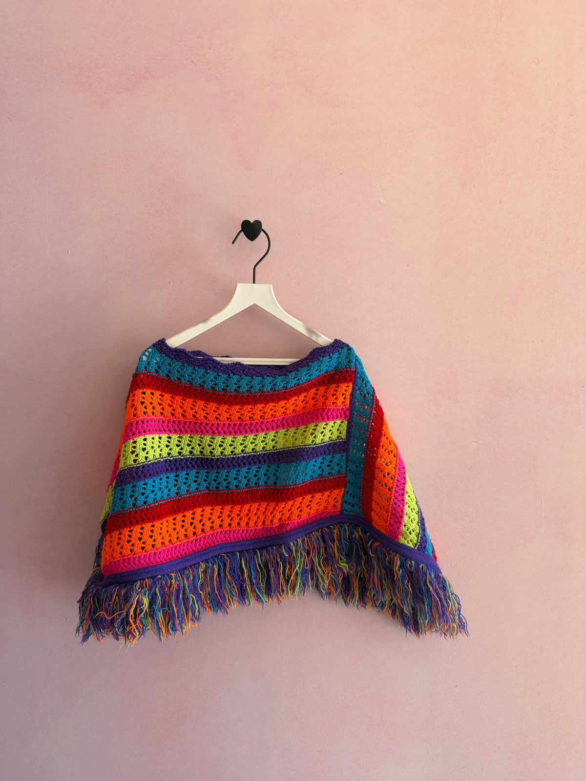 handmade Rainbow Crochet Fringe Asymmetrical Shawl / 2-4