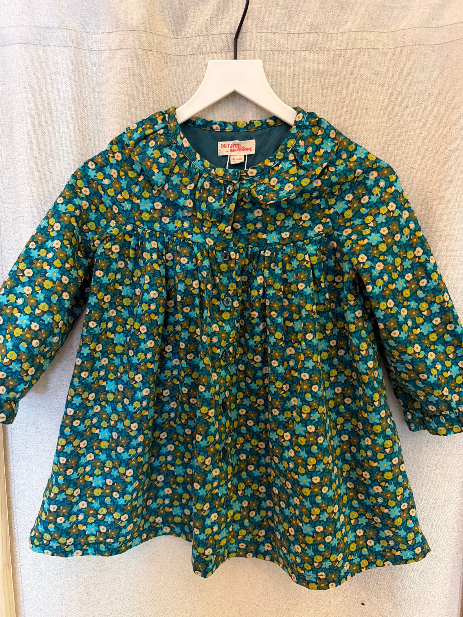 Du pareil Au Meme Green Garden Floral Button Up Dress / 18 months