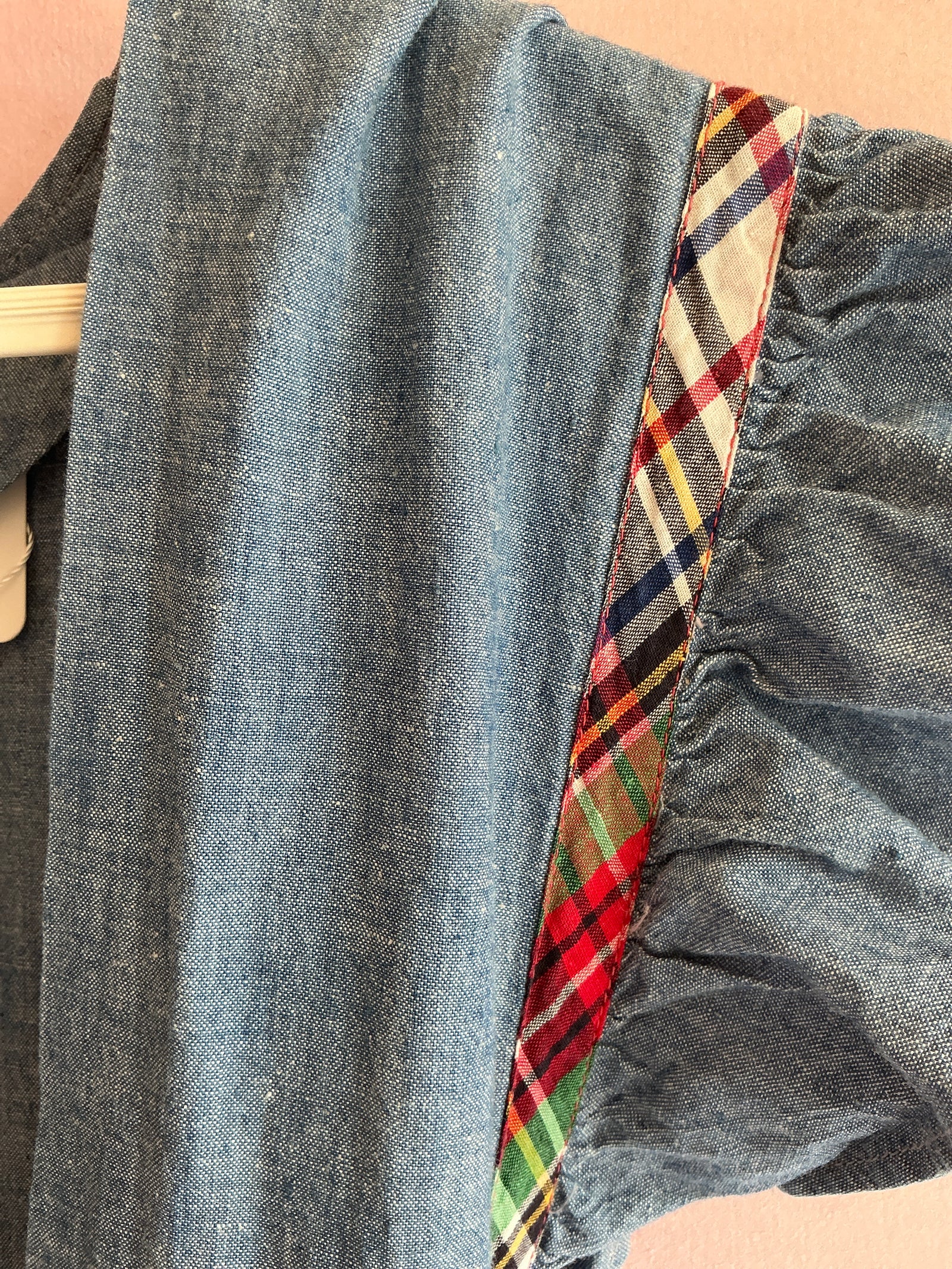 vintage Chambray Denim Apron Plaid Trim Dress / 12