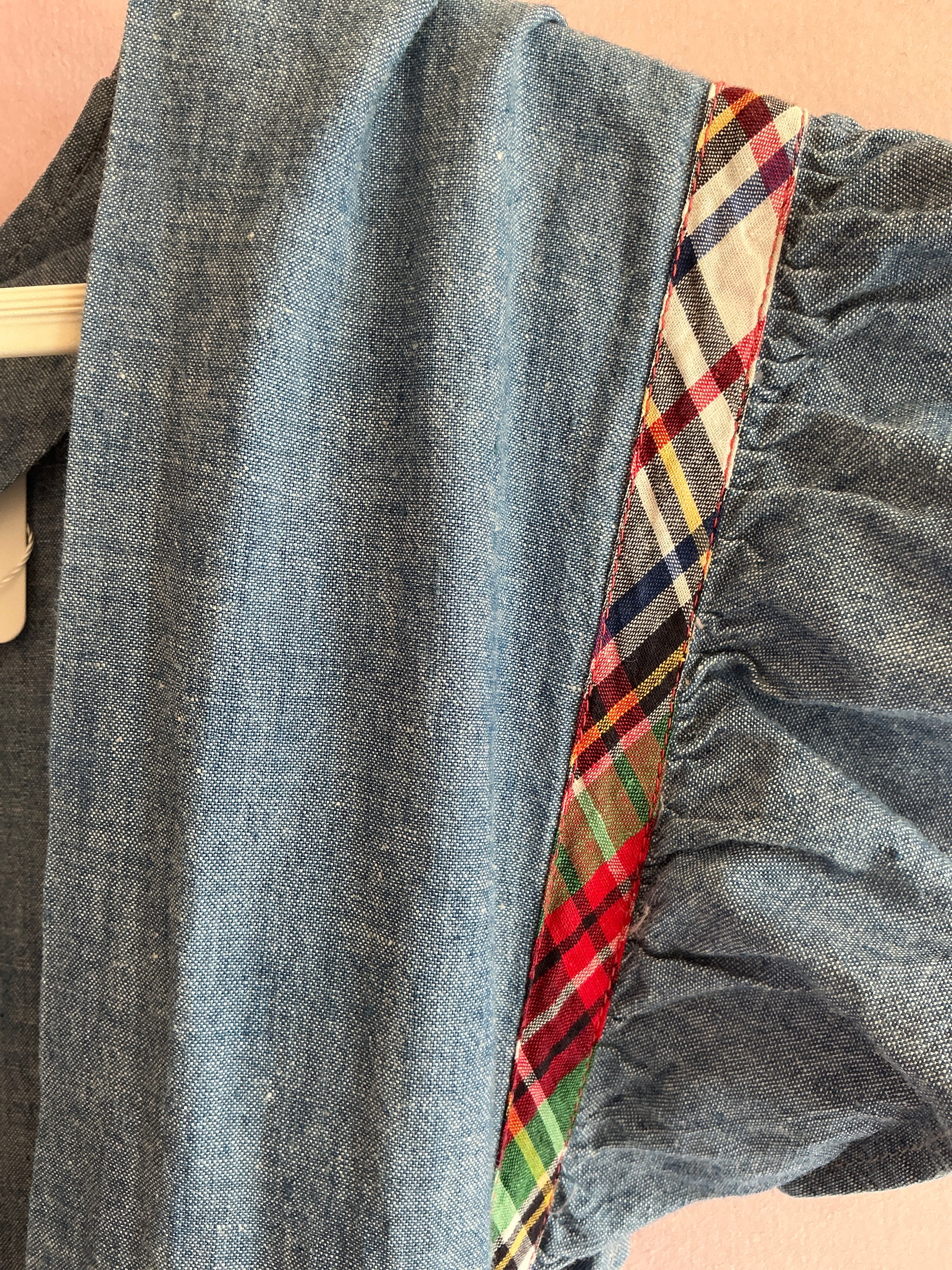vintage Chambray Denim Apron Plaid Trim Dress / 12