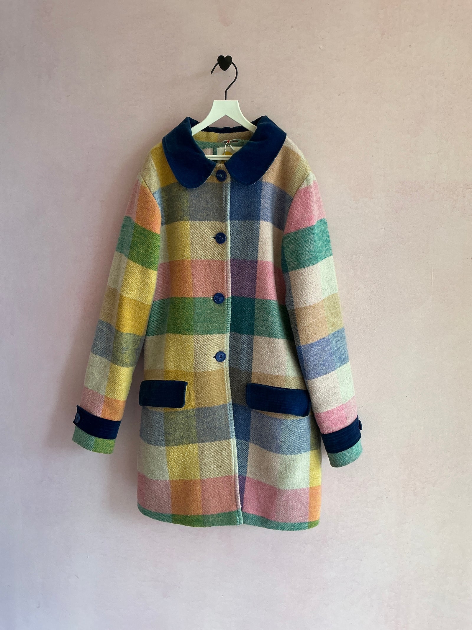 Mini Boden Pastel Plaid Blue Velvet Collar coat / 11-12