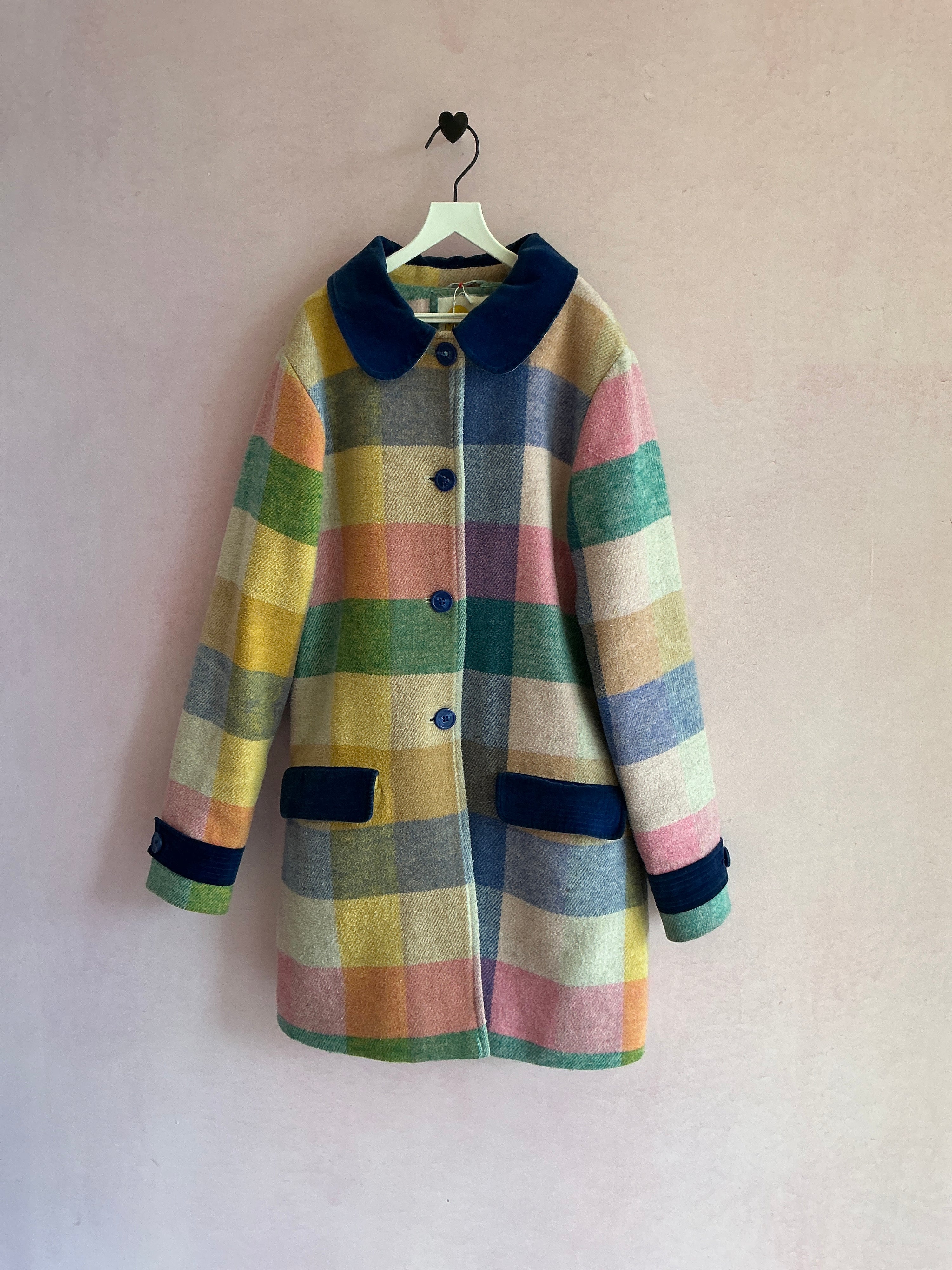 Mini Boden Pastel Plaid Blue Velvet Collar coat / 11-12