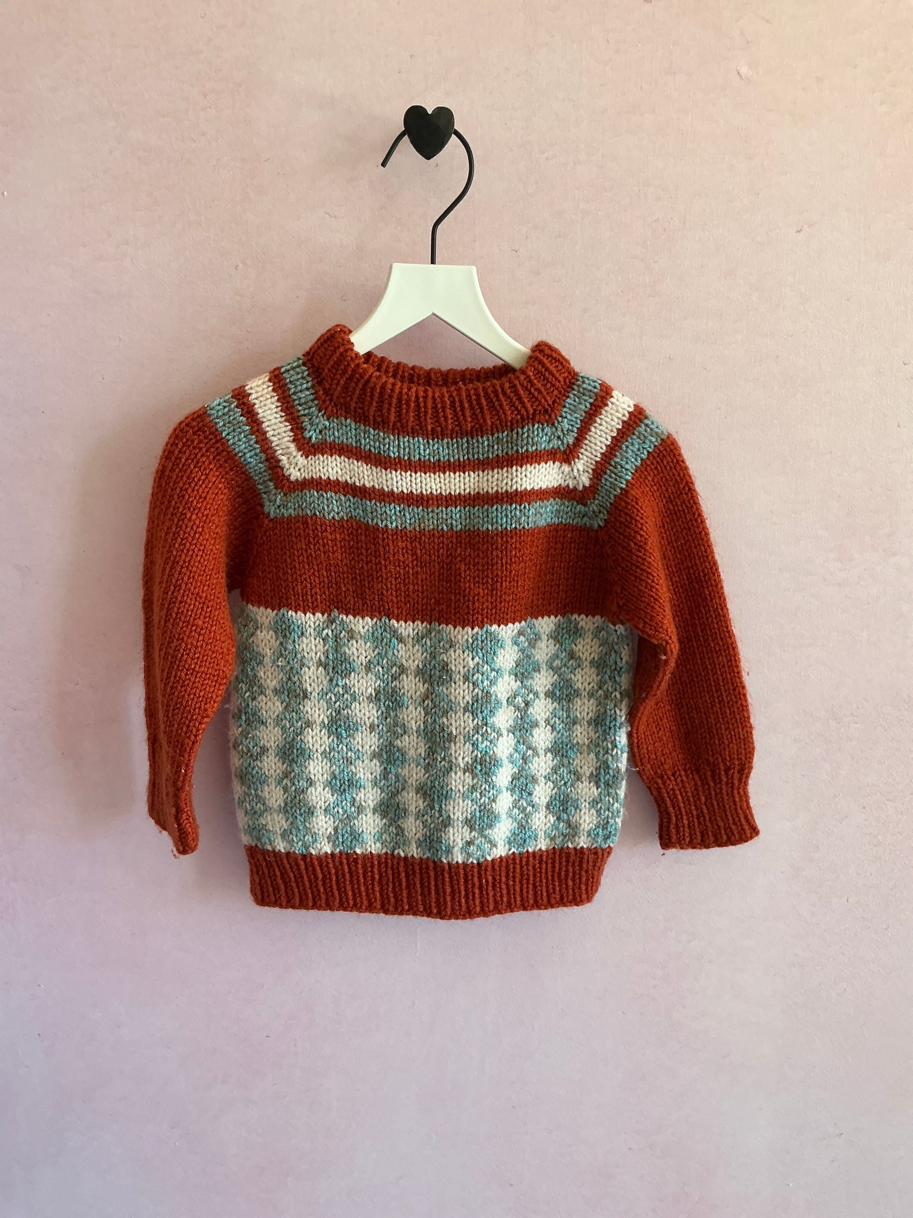 vintage Rust Red with Teal and Cream Sweater / 18-24 months