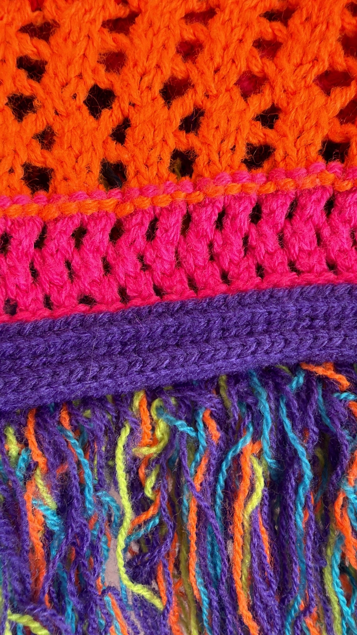 handmade Rainbow Crochet Fringe Asymmetrical Shawl / 2-4